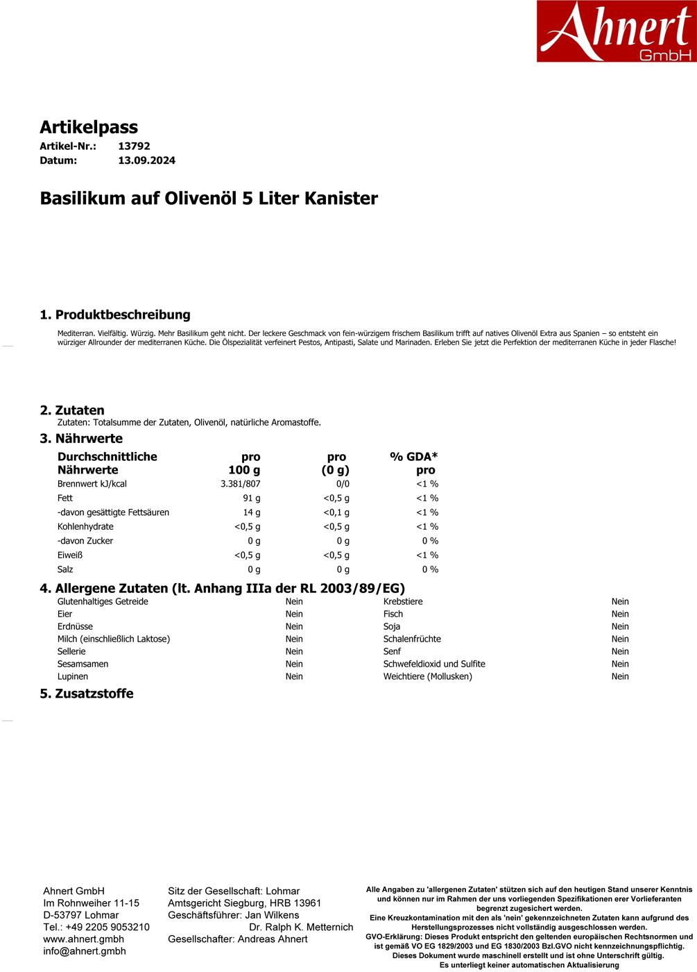 Basilikum auf Olivenöl 5 Liter Kanister