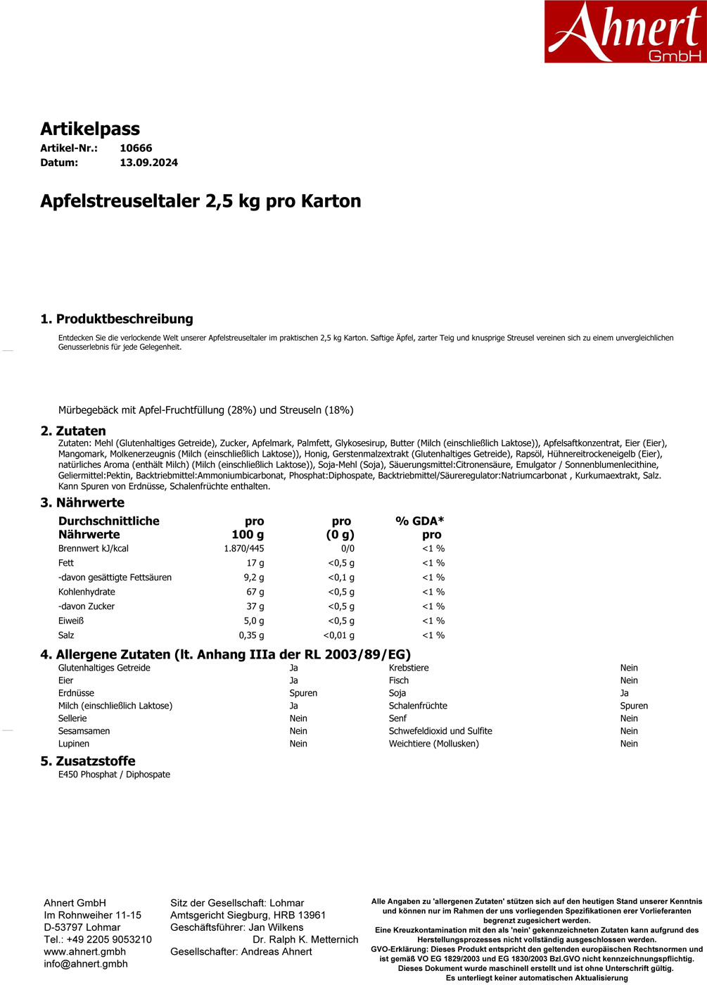 Apfelstreuseltaler 2,5 kg pro Karton