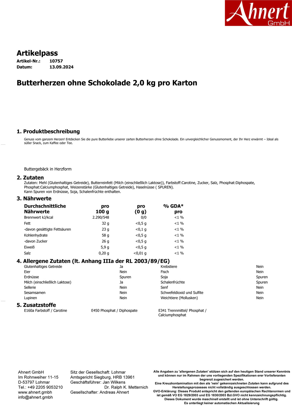 Butterherzen ohne Schokolade 2,0 kg pro Karton