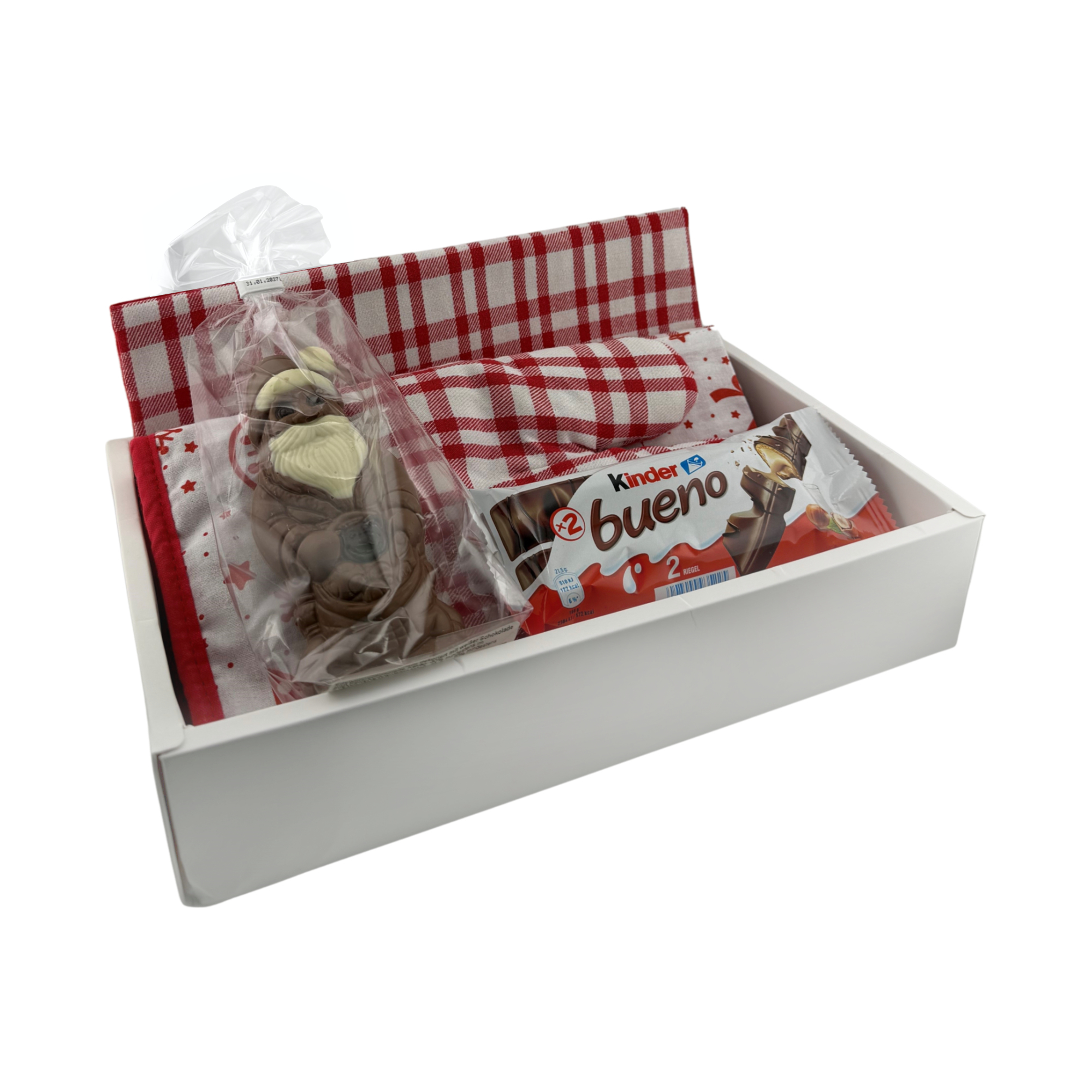 Weihnachten zum heiß anfassen Box - Set aus Küchenschürze und Ofenhandschuh mit weihnachtlichem Muster. 200 g/m² Baumwolle, Weihnachtsmann 3-farbig in Klarsicht 80g & Kinder Bueno 2er Pack 43g