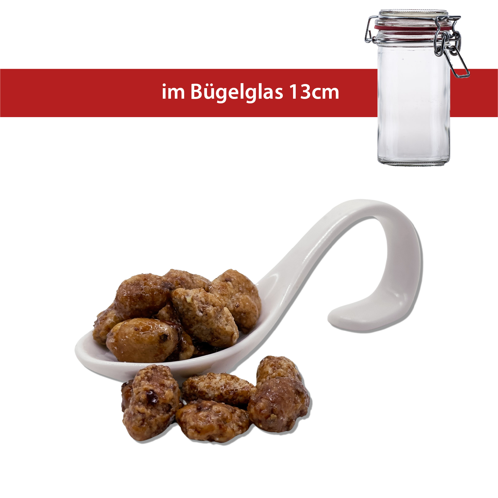 Gebrannte Mandeln 140g
13cm Bügelglas
12 Stück pro Karton