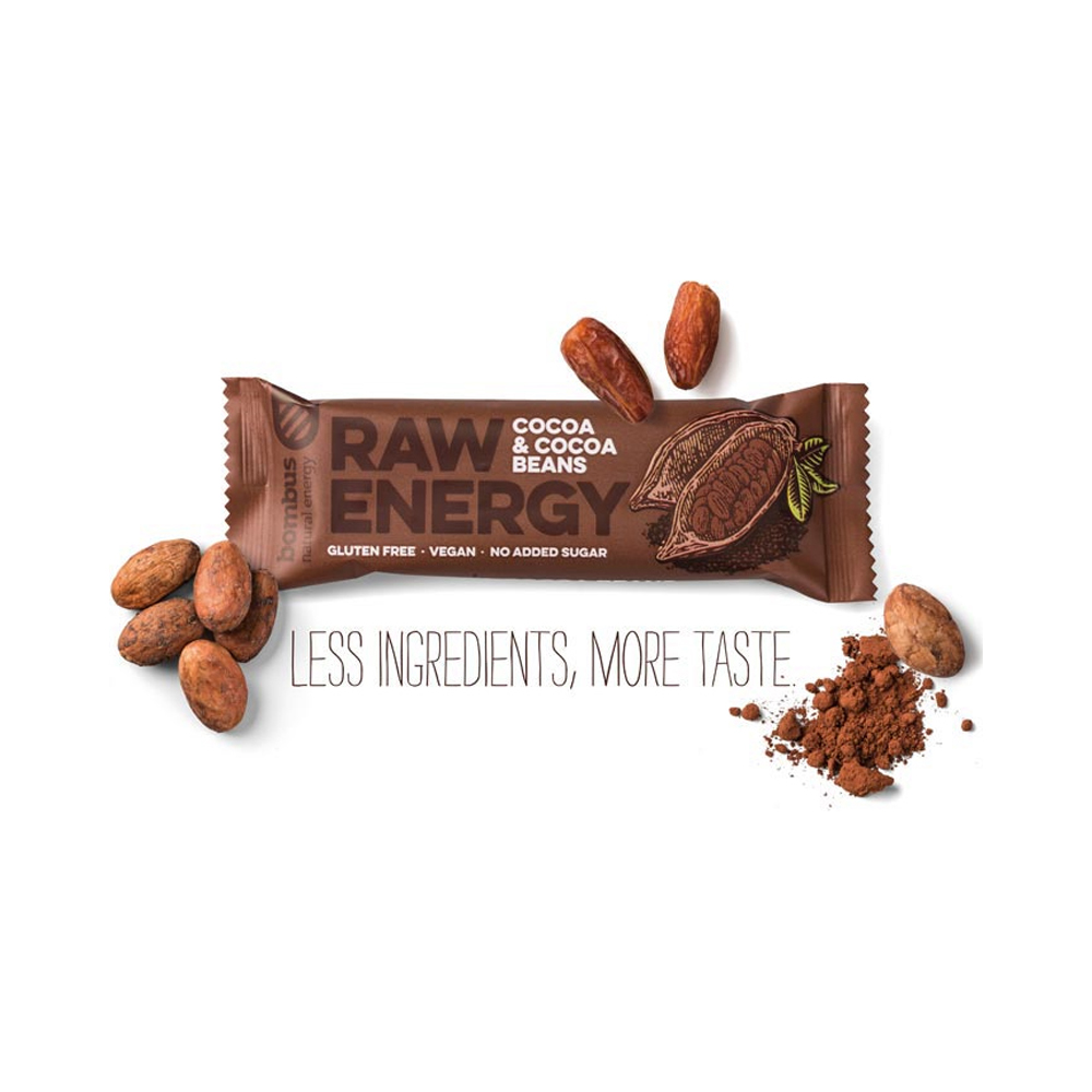 RAW ENERGY Bombus  Dattelriegel vegan Cocoa & Cocoa beans / Kakao & Kakaobohne 20 Riegel á 50 g pro Karton