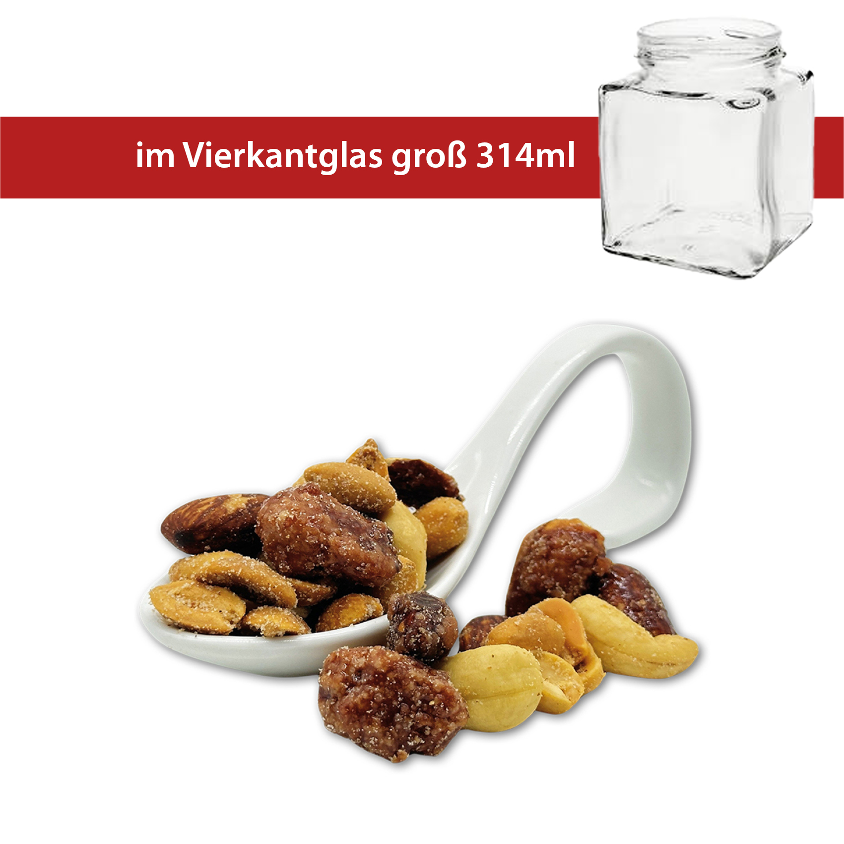 Salty, Sweet & Smoke Mix 140g
Vierkantglas groß
24 Stück pro Karton
Erdnüsse gesalzen, Cashewkerne gesalzen, gebrannte Mandeln und Rauchmandeln