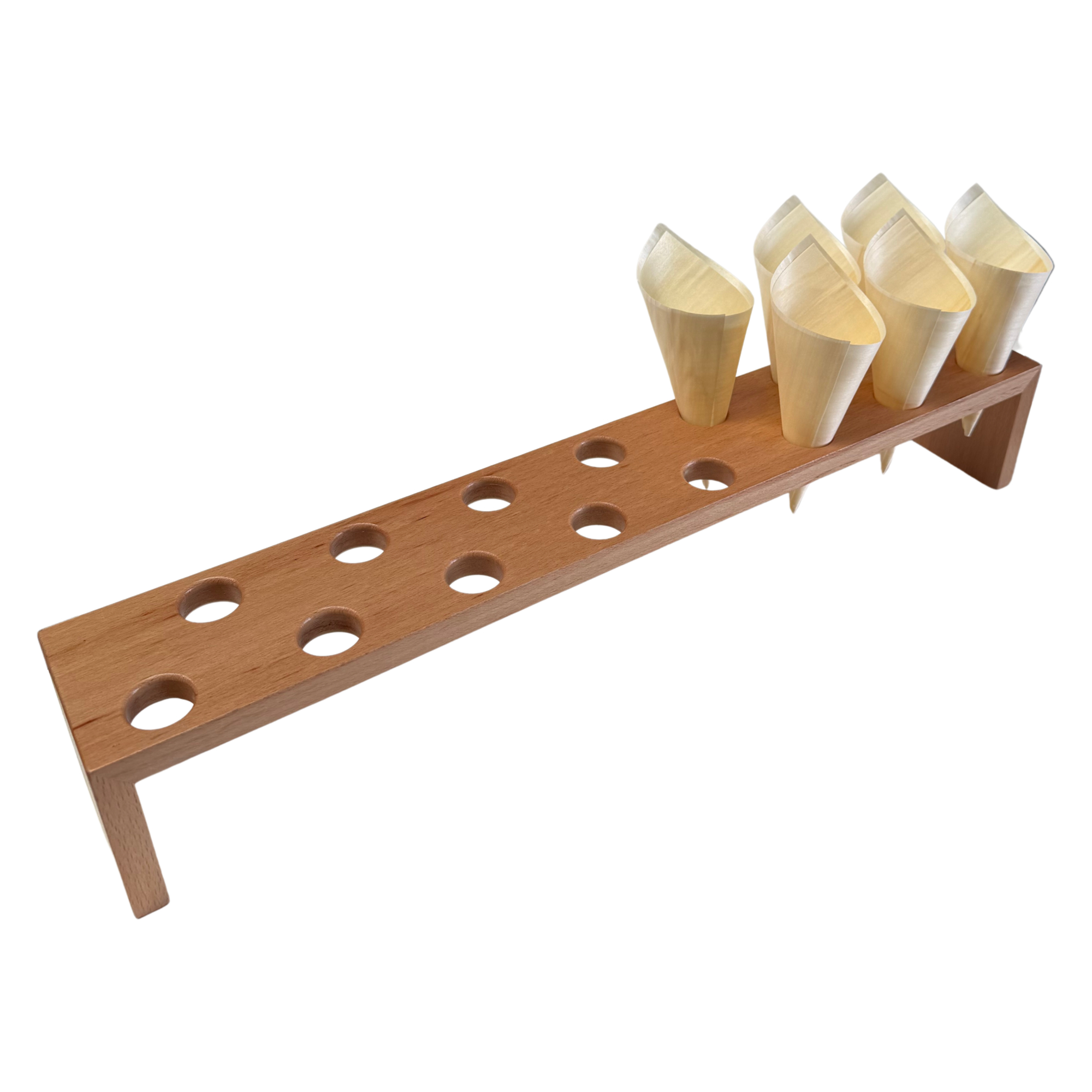 Holzbrücke für Spitztüten 55,5 cm x 9 cm,
Bohrausschnitt 2,5cm Durchmesser für 15 Spitztüten
Farbe Natur