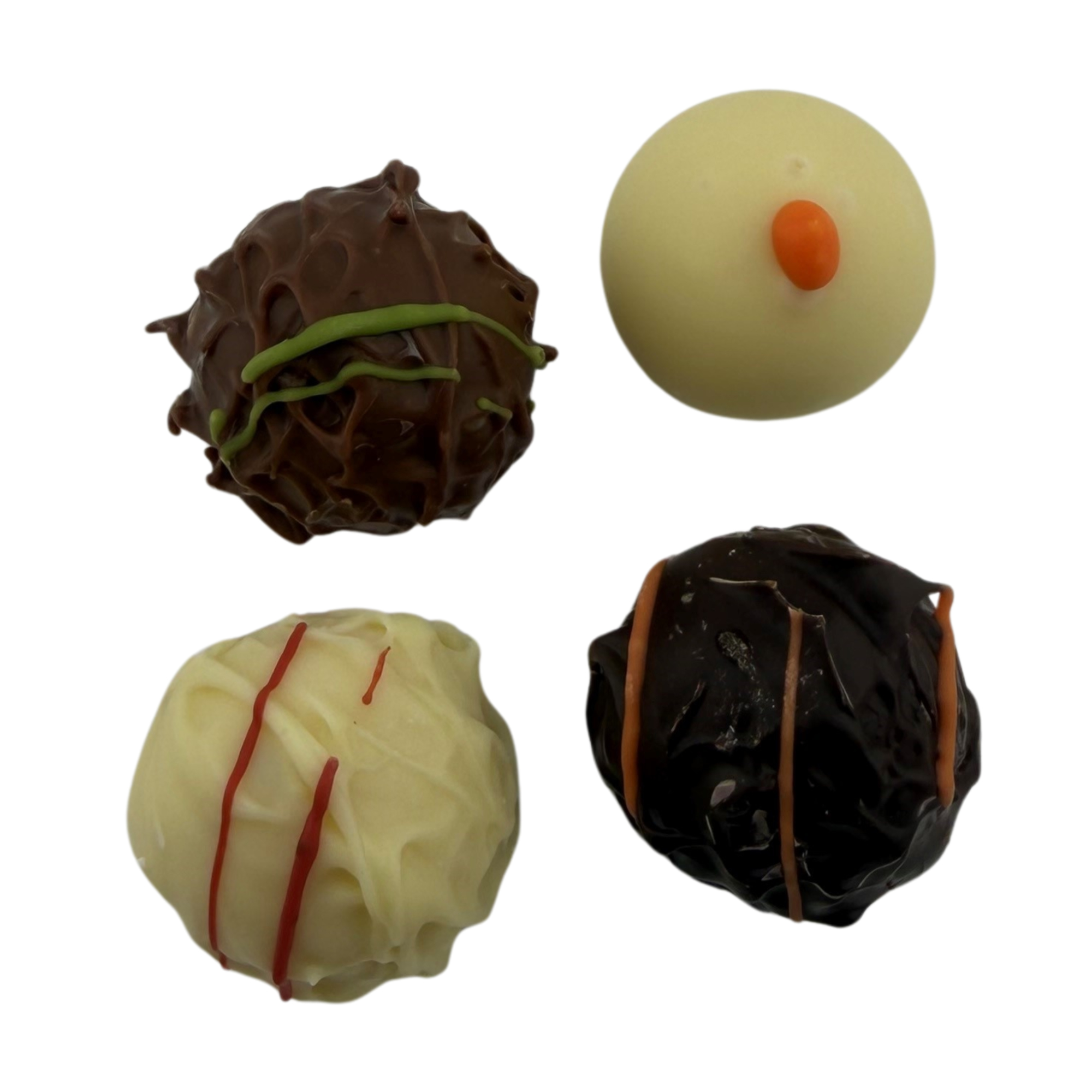 Vier Trüffelpralinen Alkoholfrei: Panna Cotta, Orange, Pistazie und Erdbeere im 4´er Präsentkarton in Gold
50 Stück pro Karton