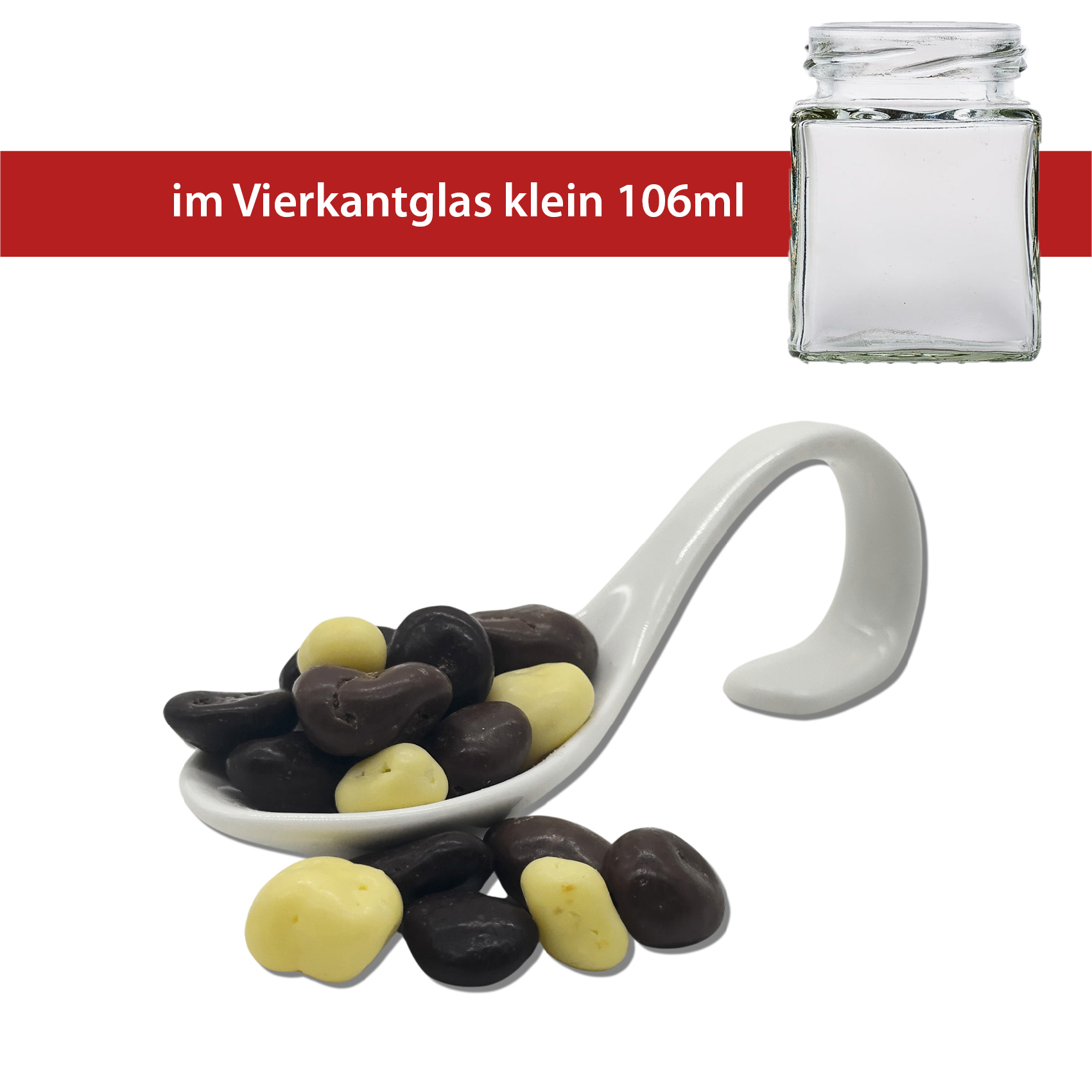 Schokolierte Früchte Mischung 60g
Vierkantglas klein
30 Stück pro Karton