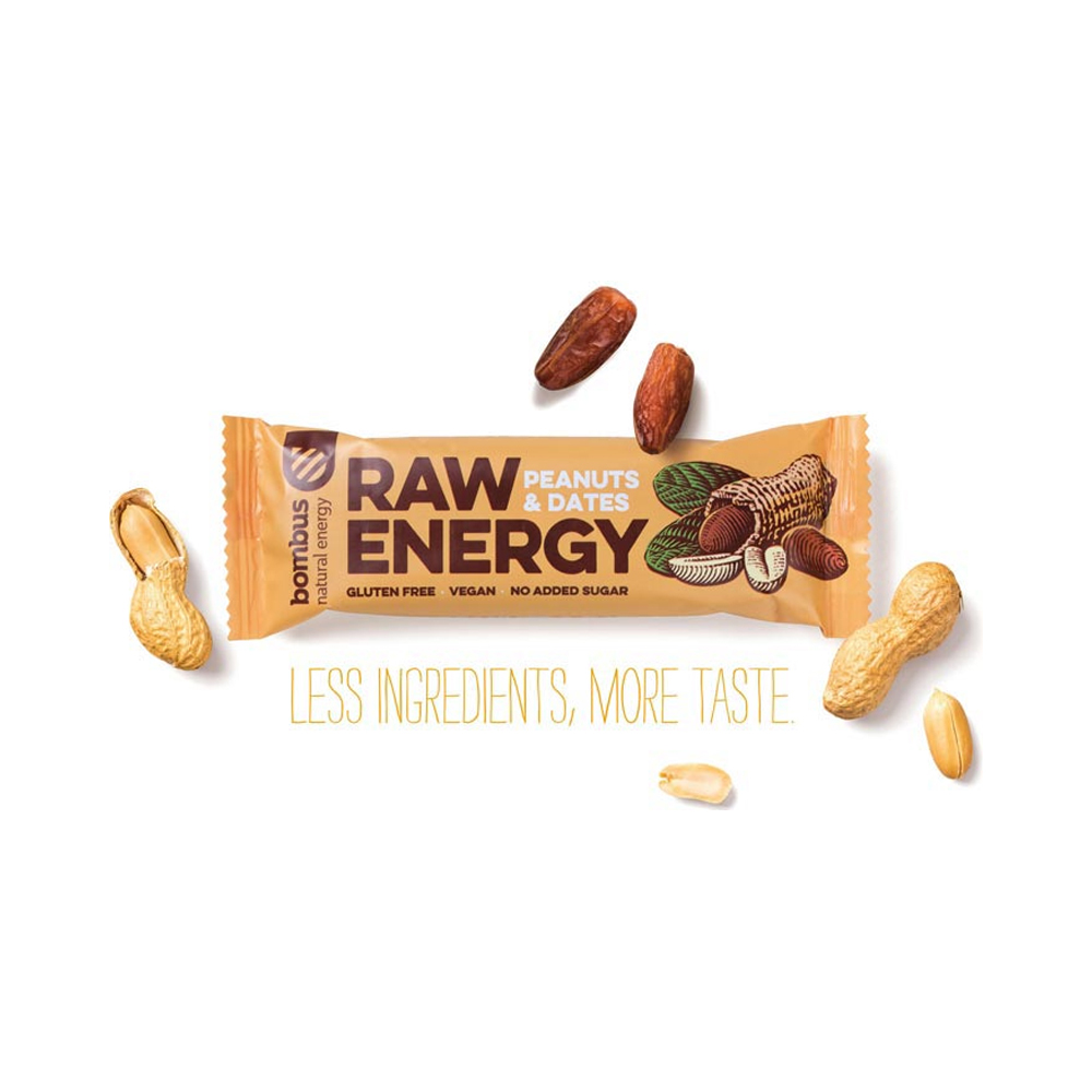 RAW ENERGY Bombus  Dattelriegel vegan Peanuts & Dates / Erdnuss & Dattel 20 Riegel á 50 g pro Karton