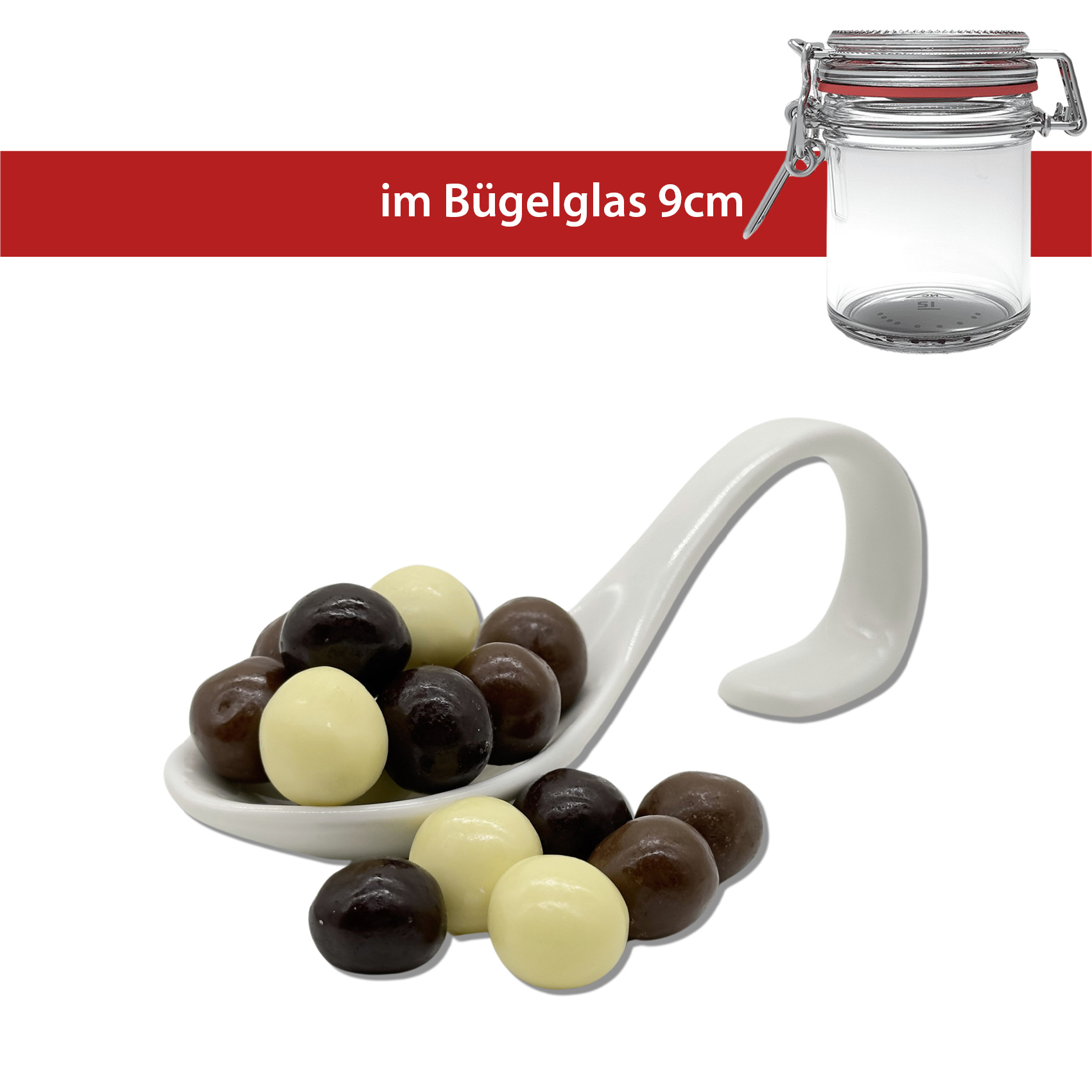 Schoko Crunch Balls 60g 
9cm Bügelglas
16 Stück pro Karton
weiße, Vollmilch-& Zartbitterschokolade