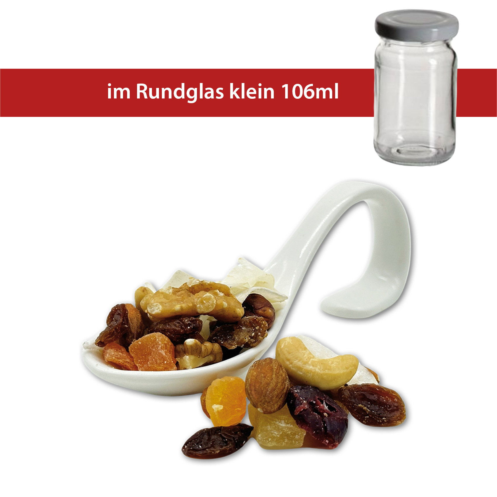 Früchte & Nussmischung 50g
Rundglas klein 106ml
40 Stück pro Karton