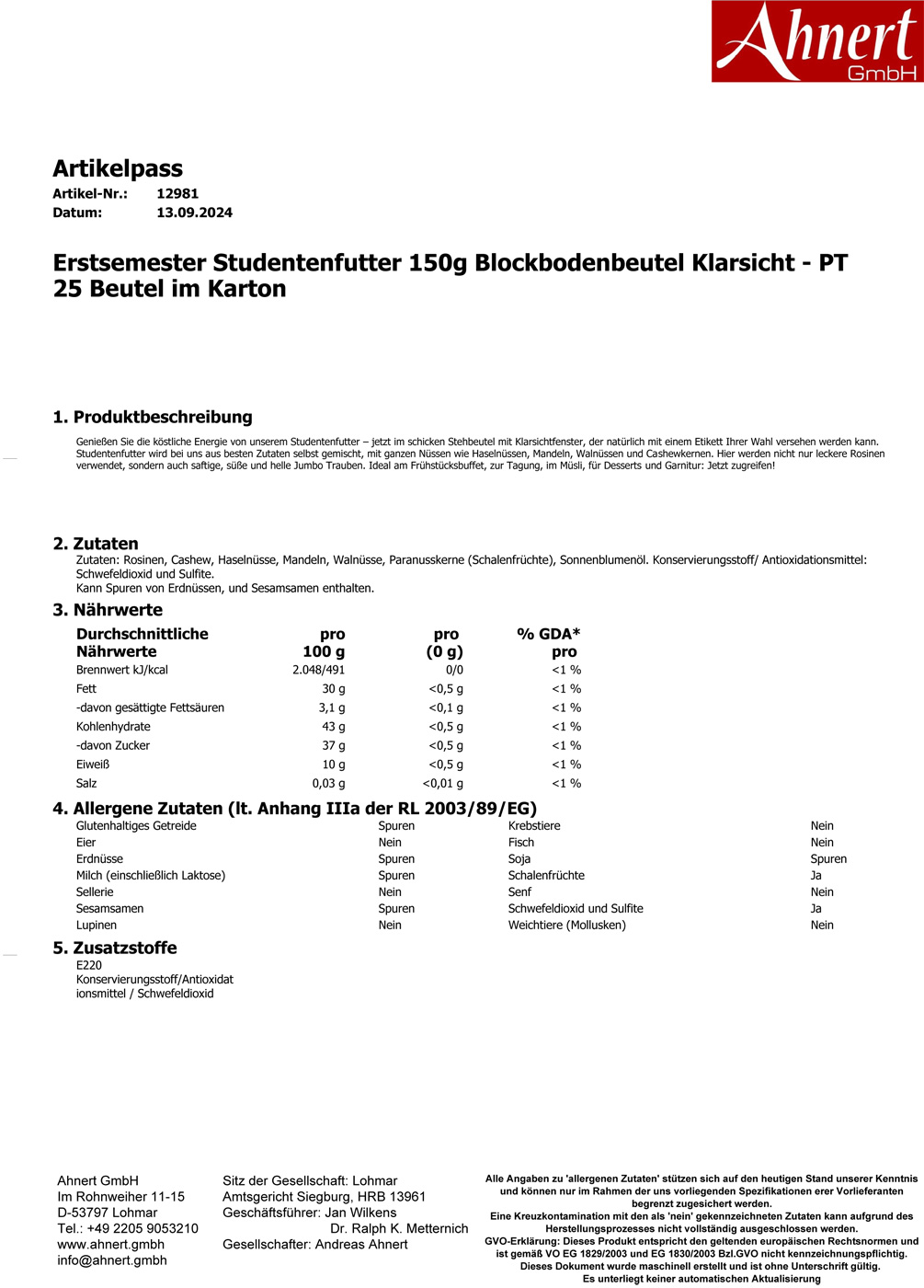 Erstsemester Studentenfutter 150g Blockbodenbeutel Klarsicht - PT
25 Beutel im Karton