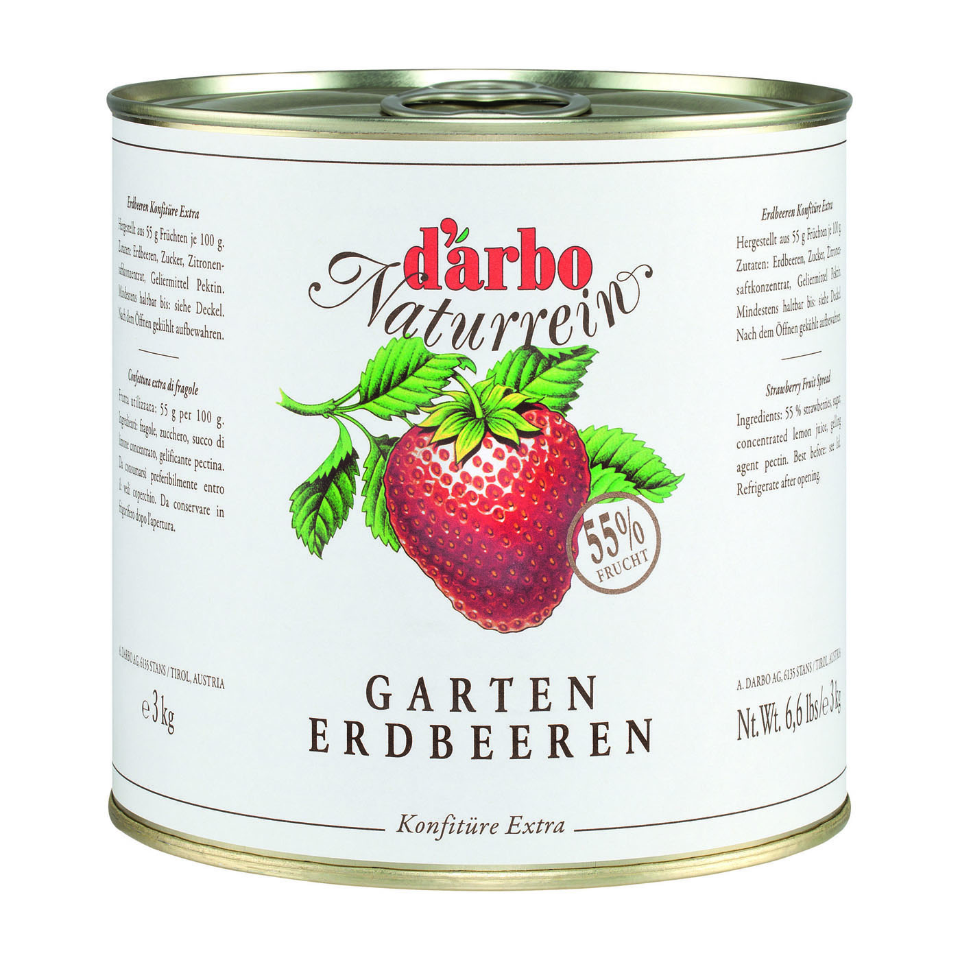 DARBO Erdbeer Konfitüre Naturrein
55% Frucht ohne Konservierungsstoffe
3 kg Dose