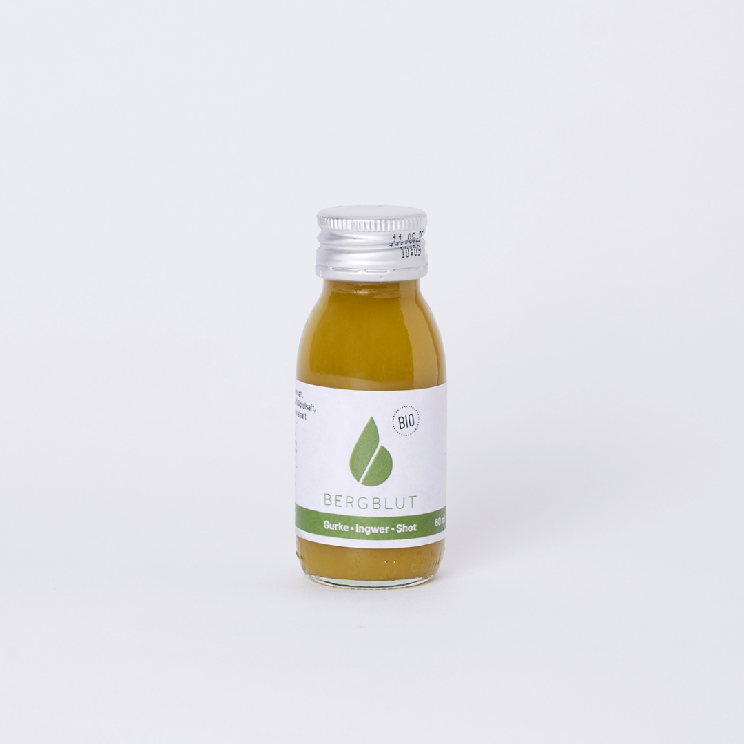 Shot Gurke-Ingwer 60ml mit Bio zertifizierten Säften Bergblut - 24 Stück im Karton