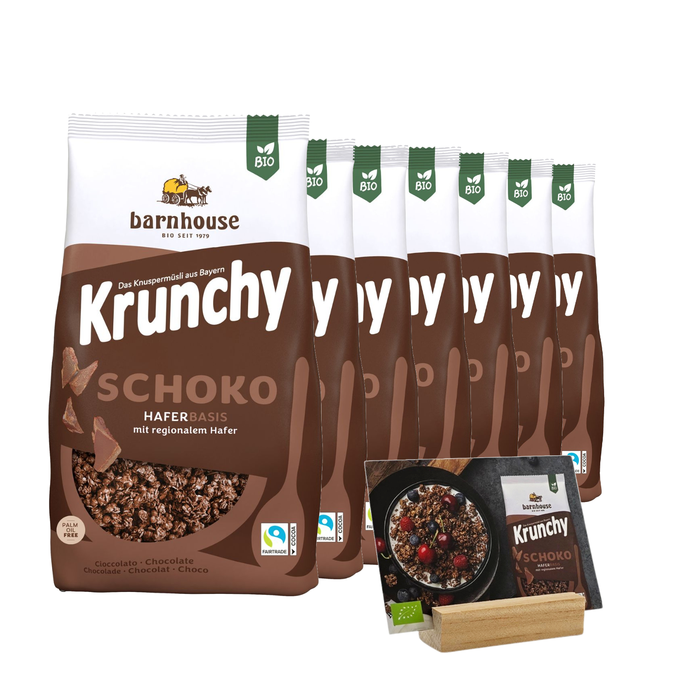 Bio Barnhouse Bestseller-Starter-Paket: Je 7 Btl. 1,25kg Barnhouse Krunchy Müsli Erdbeere, Schoko & Hafer, 1 Stk. Barnhouse Holzaufsteller, kostenlose Buffetschilder mit Holzfuss und 3 Müsli Barnhose Buffet-Gläser