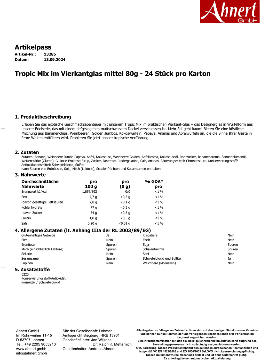 Tropic Mix im Vierkantglas mittel 80g - 24 Stück pro Karton