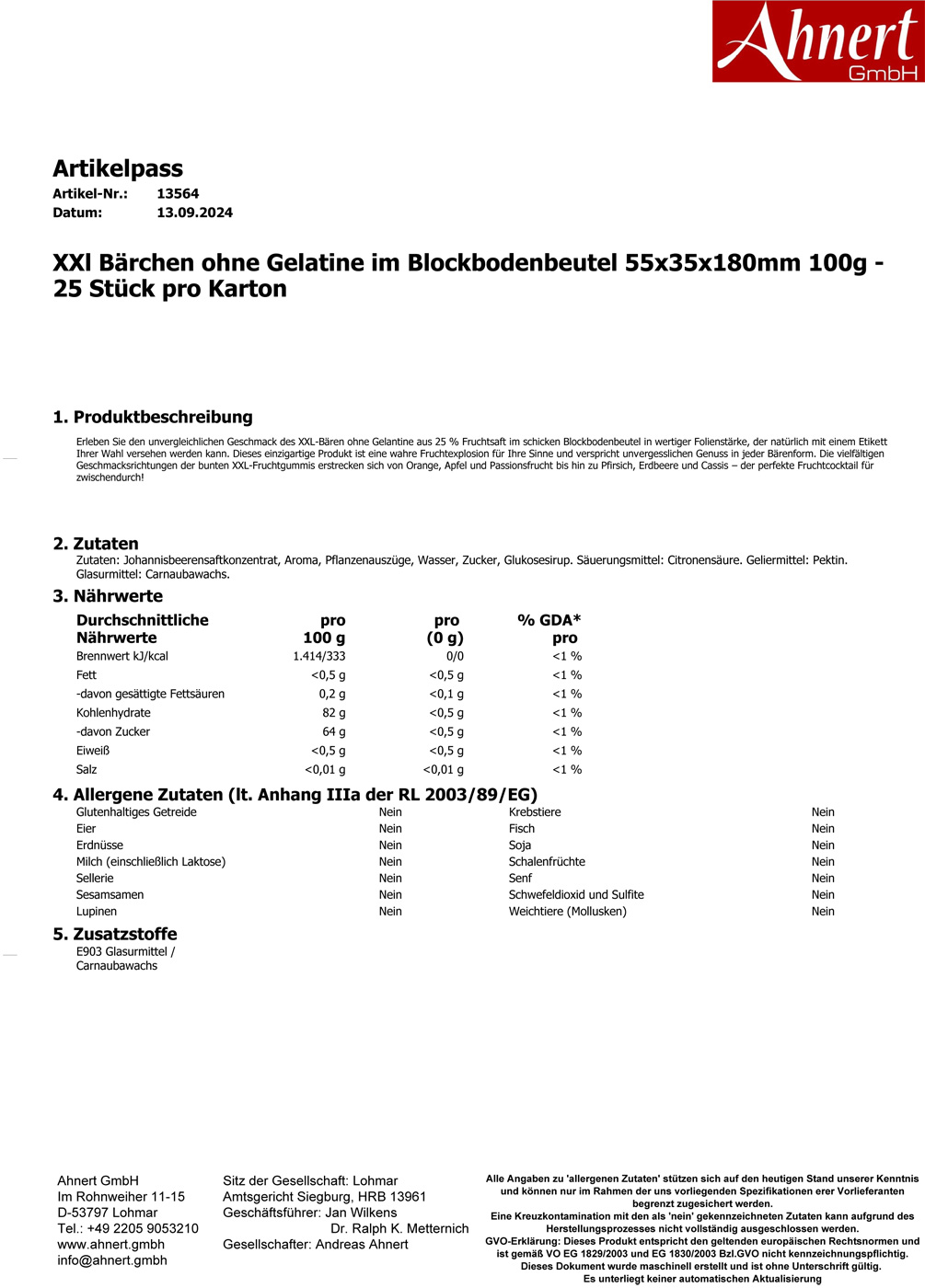 XXl Bärchen ohne Gelatine im Blockbodenbeutel 55x35x180mm 100g - 25 Stück pro Karton