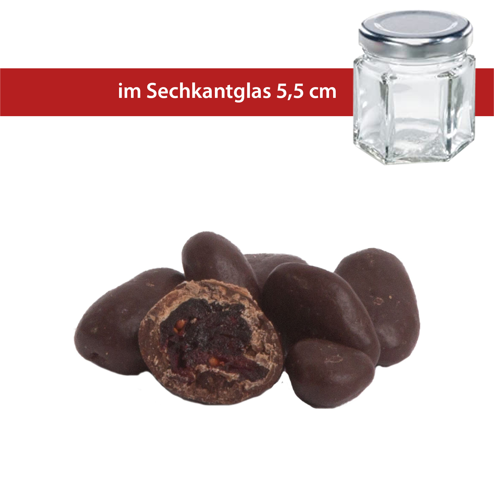 Cranberries getrocknet und schokoliert mit Zartbitter und weißer Schokolade 50g 
5,5cm Sechskant-Glas
36 Stück pro Karton