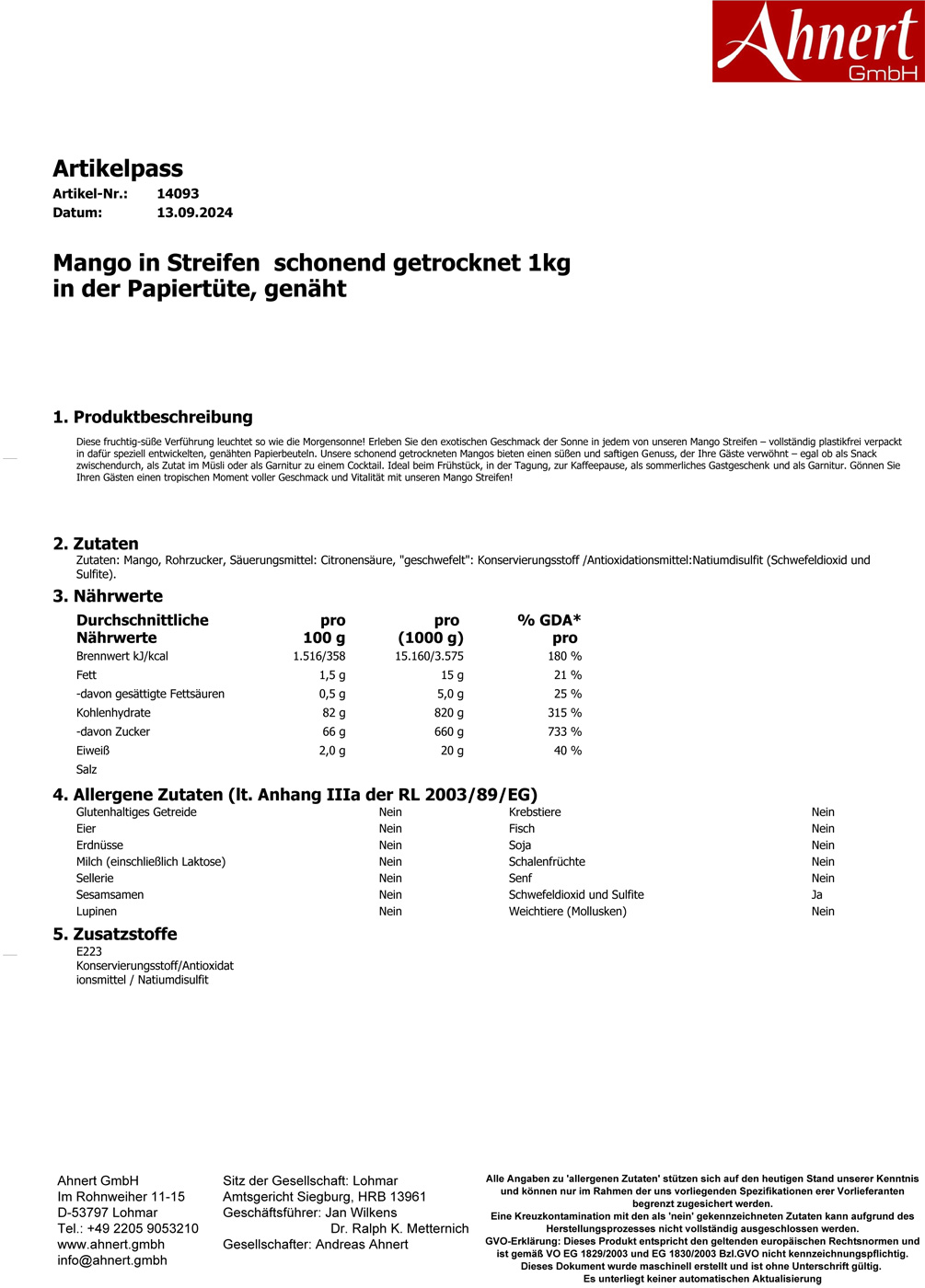 Mango in Streifen  schonend getrocknet 1kg
in der Papiertüte, genäht
