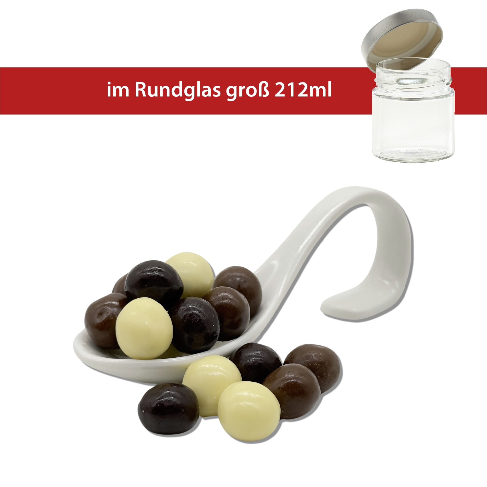 Schoko Crunch Balls 70g mit weißer, Vollmilch & Zartbitterschokolade
Rundglas groß 212ml
22 Stück pro Karton