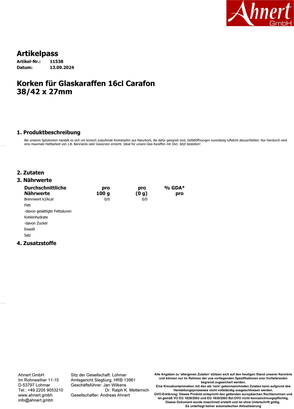 Korken für Glaskaraffen 16cl Carafon
38/42 x 27mm