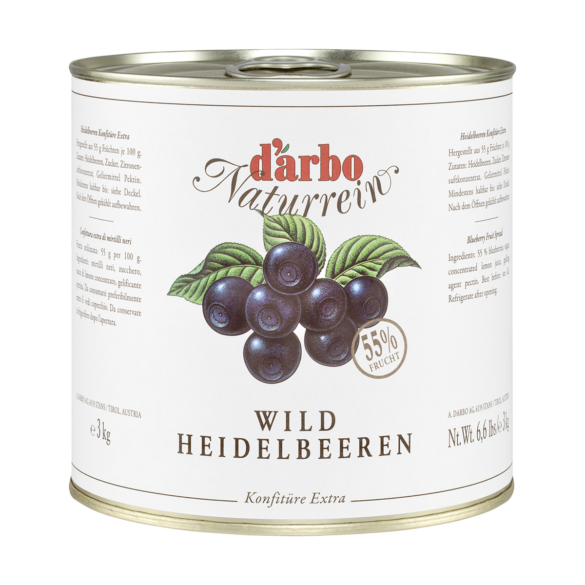 DARBO Heidelbeer Konfitüre Naturrein 55% Frucht ohne Konservierungsstoffe 3 kg Dose