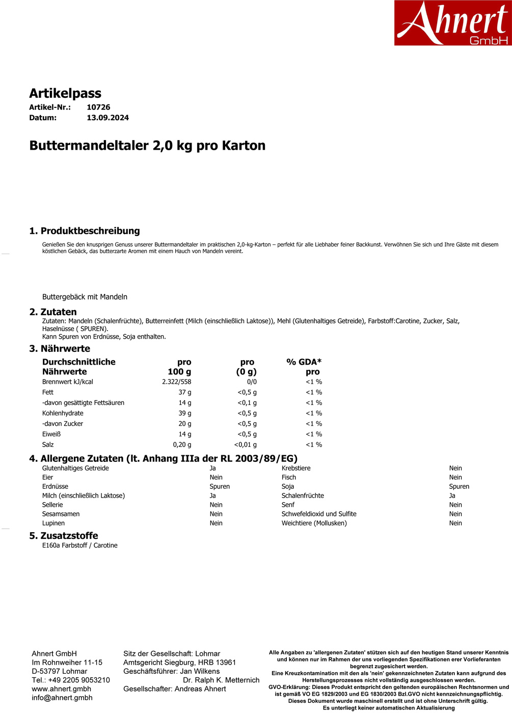 Buttermandeltaler 2,0 kg pro Karton