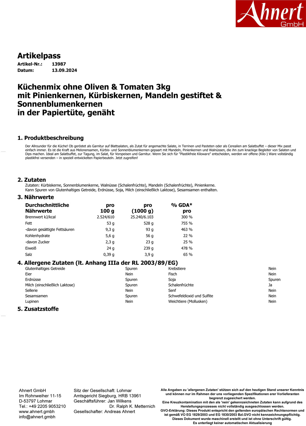 Küchenmix 3kg 
mit Pinienkernen, Kürbiskernen, Mandeln gestiftet & Sonnenblumenkernen
in der Papiertüte, genäht