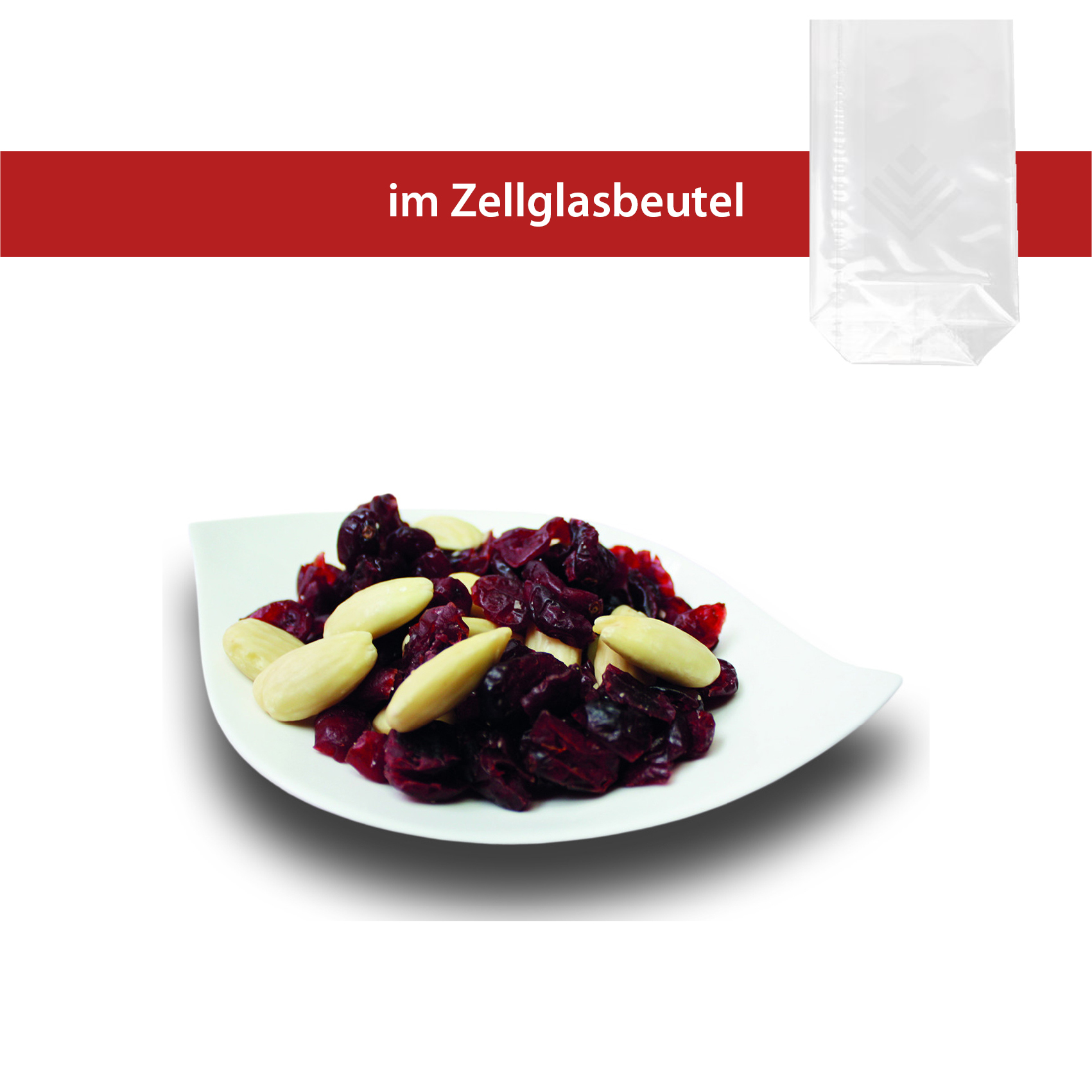 Cranberry Mandel Mix im 100g Zellglasbeutel
25 Stück pro Karton