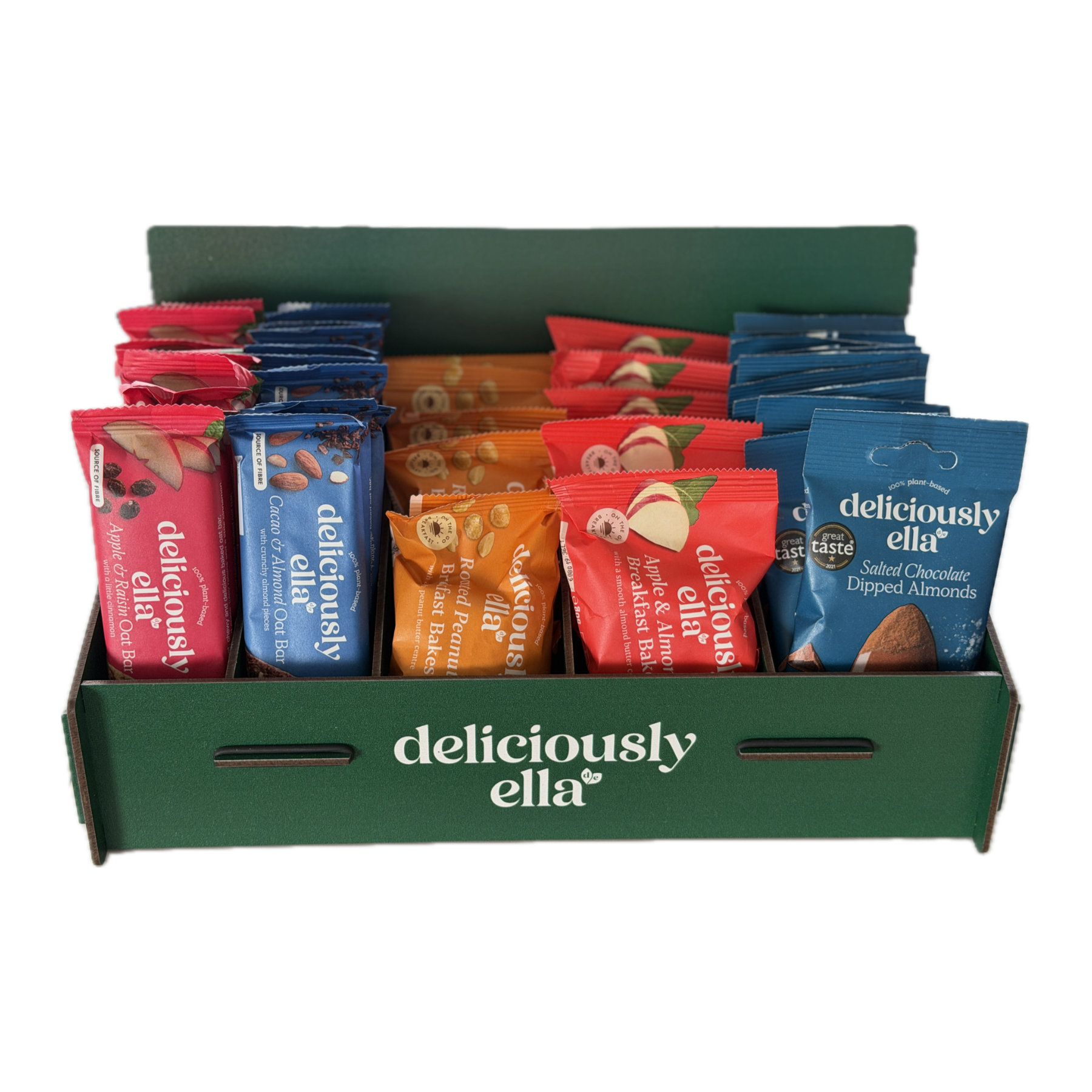 Display Starter-Paket 'Deliciosly Ella' - Inhalt: Je 2x Deliciously Ella Haferriegel 'Apfel & Rosine' &  'Schoko & Mandel', 1x Haferkissen 'Erdnuss' & 'Apfel & Mandel' und 1x Nuts 'Dunkle Schoko Mandel'