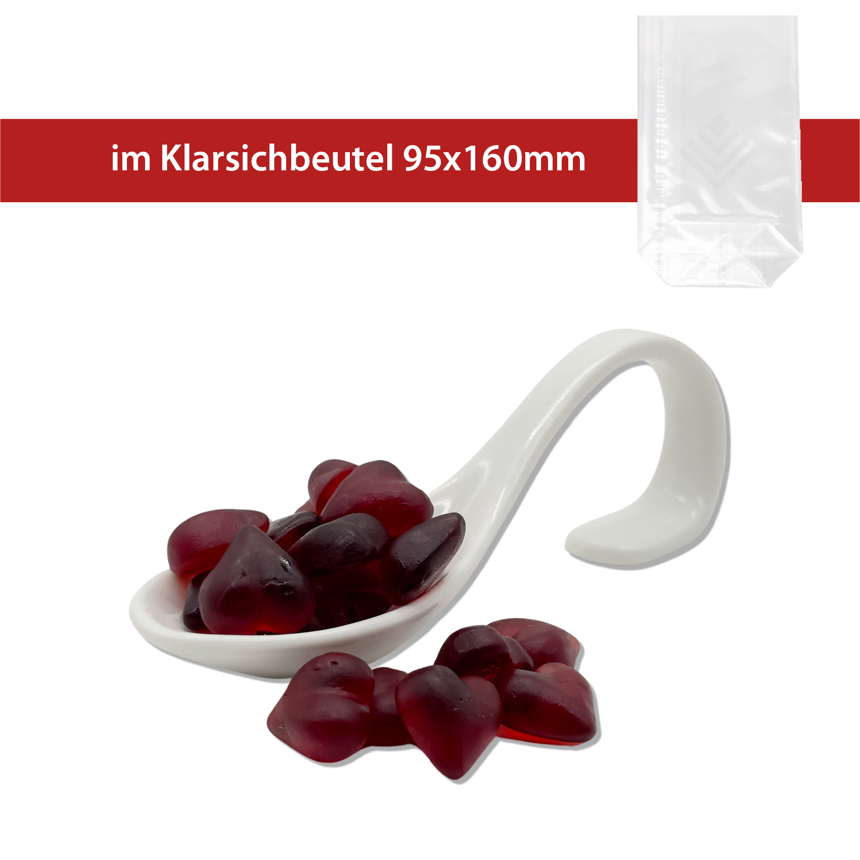 Himbeer Fruchtsaft Herzen im 50g Klarsichtbeutel - 25 Beutel pro Karton