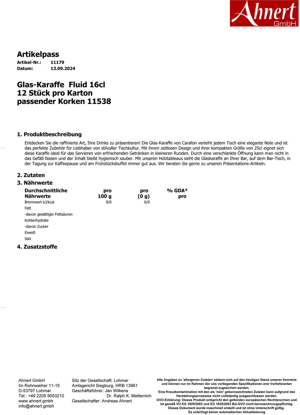 Glas-Karaffe  Fluid 16cl
12 Stück pro Karton
passender Korken 11538