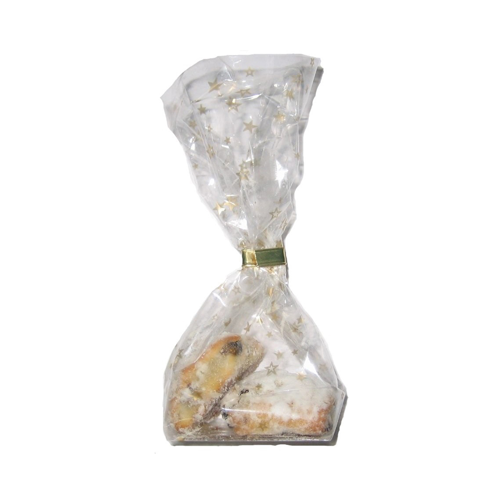 Stollenkonfekt mit 20% Marzipankern 2 Stück ~54 g Stollenkonfekt im Sternen-Beutel mit Goldclip 25 Beutel pro Karton
