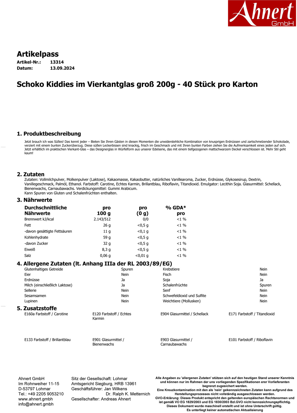 Schoko Kiddies im Vierkantglas groß 200g - 40 Stück pro Karton