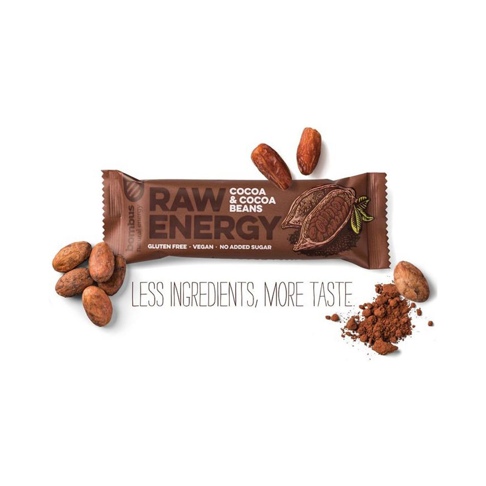 RAW ENERGY Bombus  Dattelriegel vegan Cocoa & Cocoa beans / Kakao & Kakaobohne 20 Riegel á 50 g pro Karton