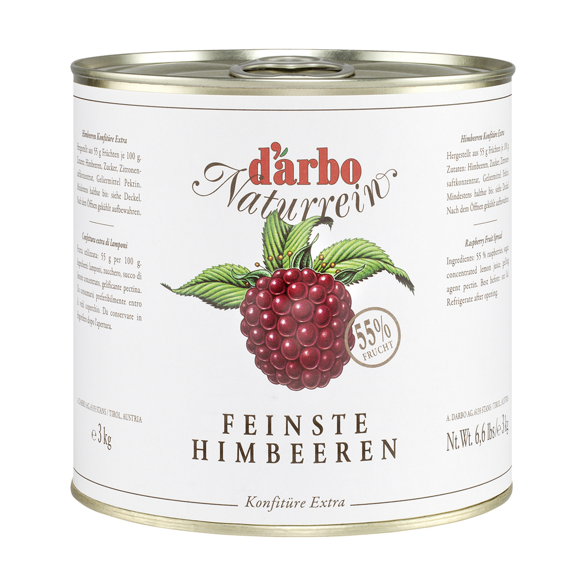 DARBO Himbeer Konfitüre Naturrein
55% Frucht ohne Konservierungsstoffe
3 kg Dose