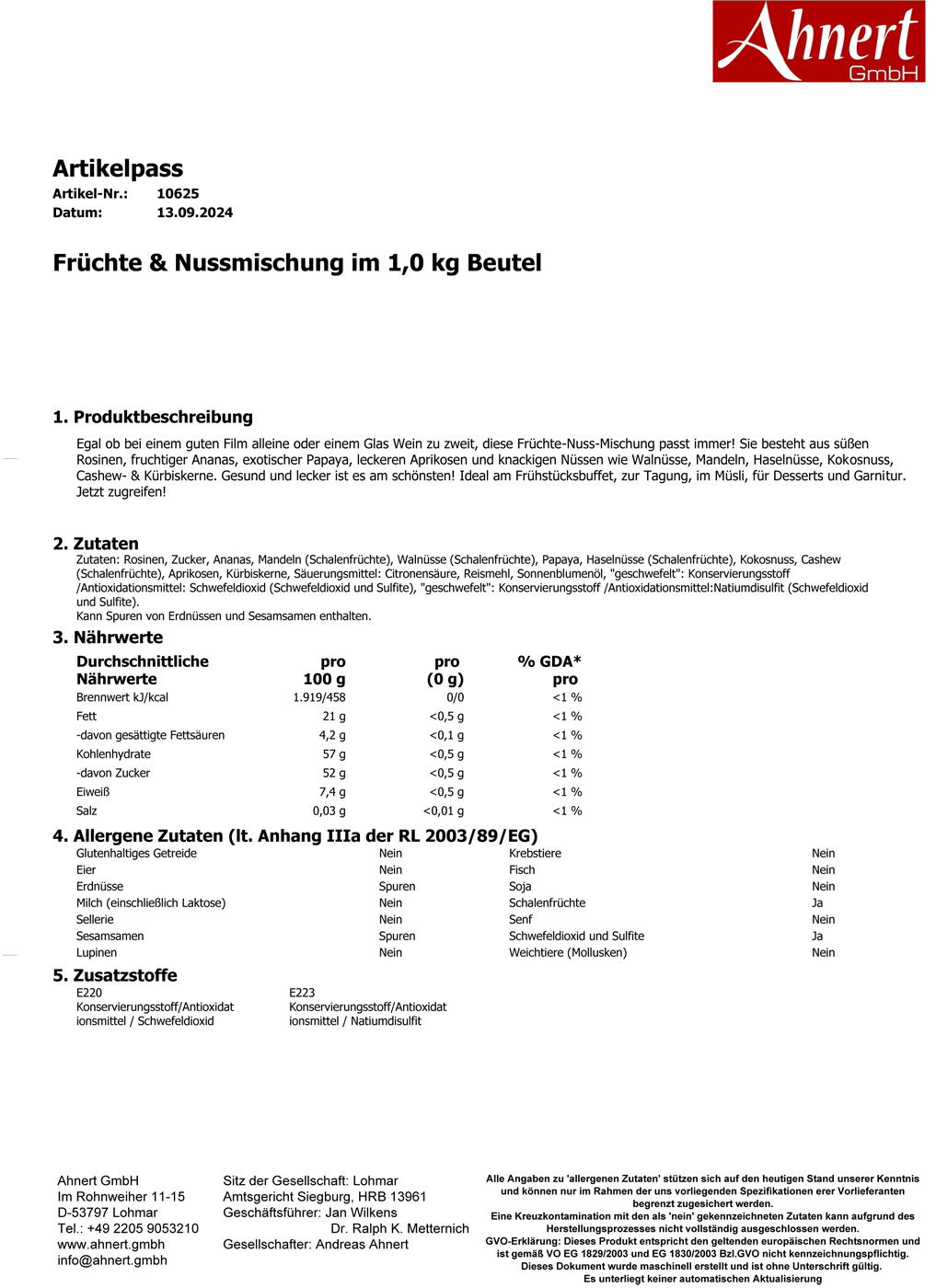 Früchte & Nussmischung im 1,0 kg Beutel