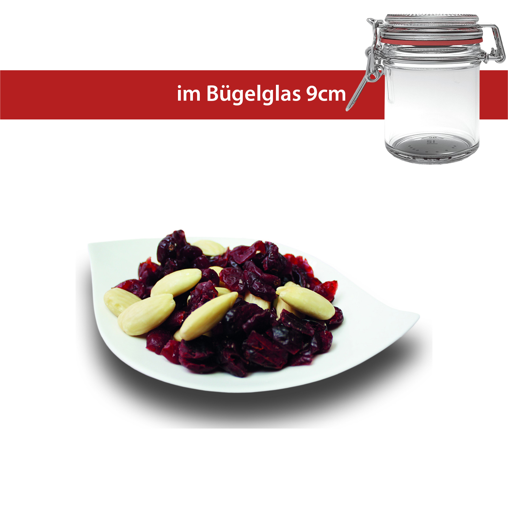 Cranberry Mandel Mix 80g
blanchierte Mandelkerne & getrocknete Cranberries
9cm Bügelglas
16 Stück pro Karton