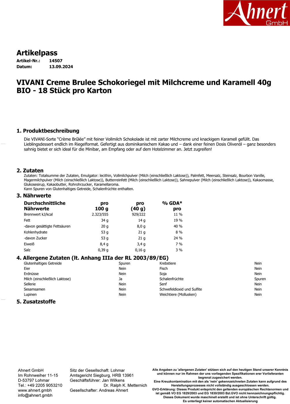 VIVANI Creme Brulee Schokoriegel mit Milchcreme und Karamell 40g BIO - 18 Stück pro Karton