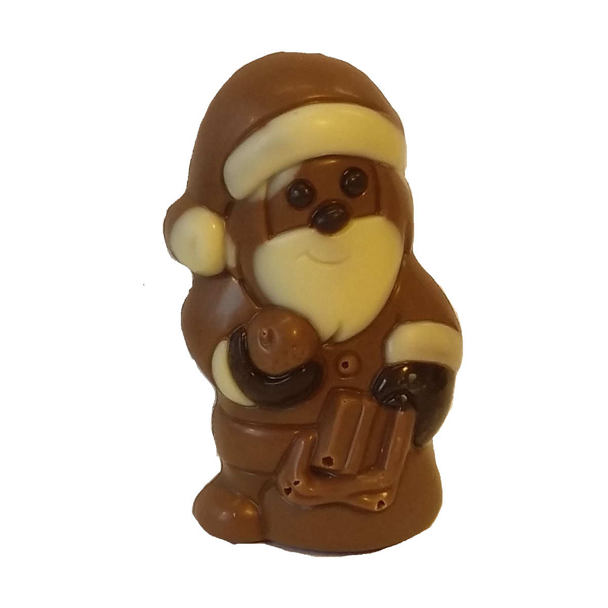 Weihnachtsmann Confiserie 25g
3-farbig, Augen schwarz/Bart weiß, Edel-Vollmilchschokolade 7,5cm hoch in Klarsicht
27 Stück pro Karton