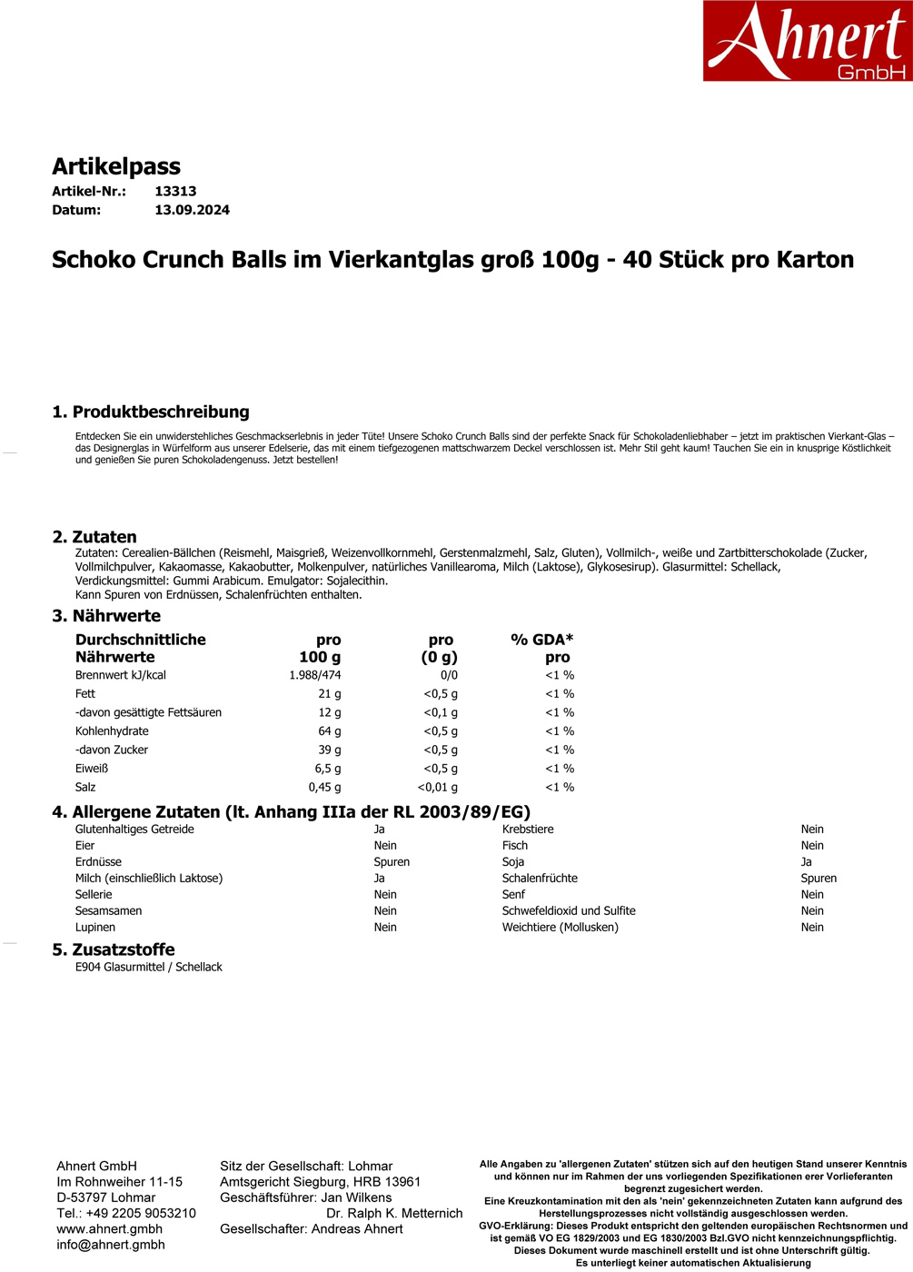 Schoko Crunch Balls im Vierkantglas groß 100g - 40 Stück pro Karton