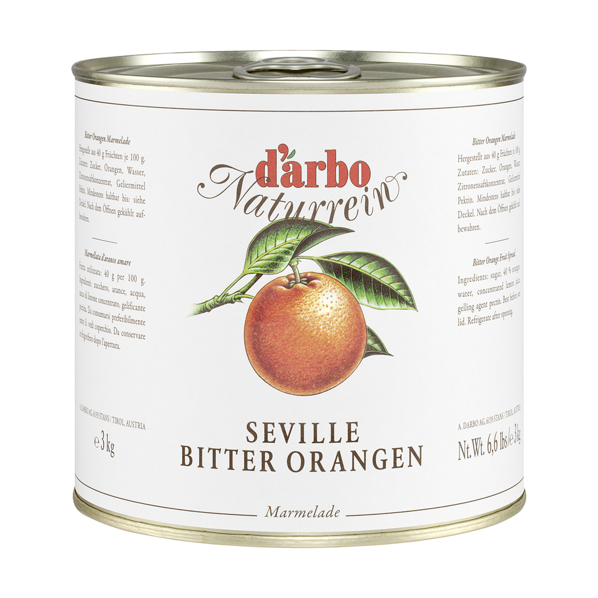 DARBO Seville Orange-Bitter Konfitüre
35% Frucht ohne Konservierungsstoffe
3 kg Dose