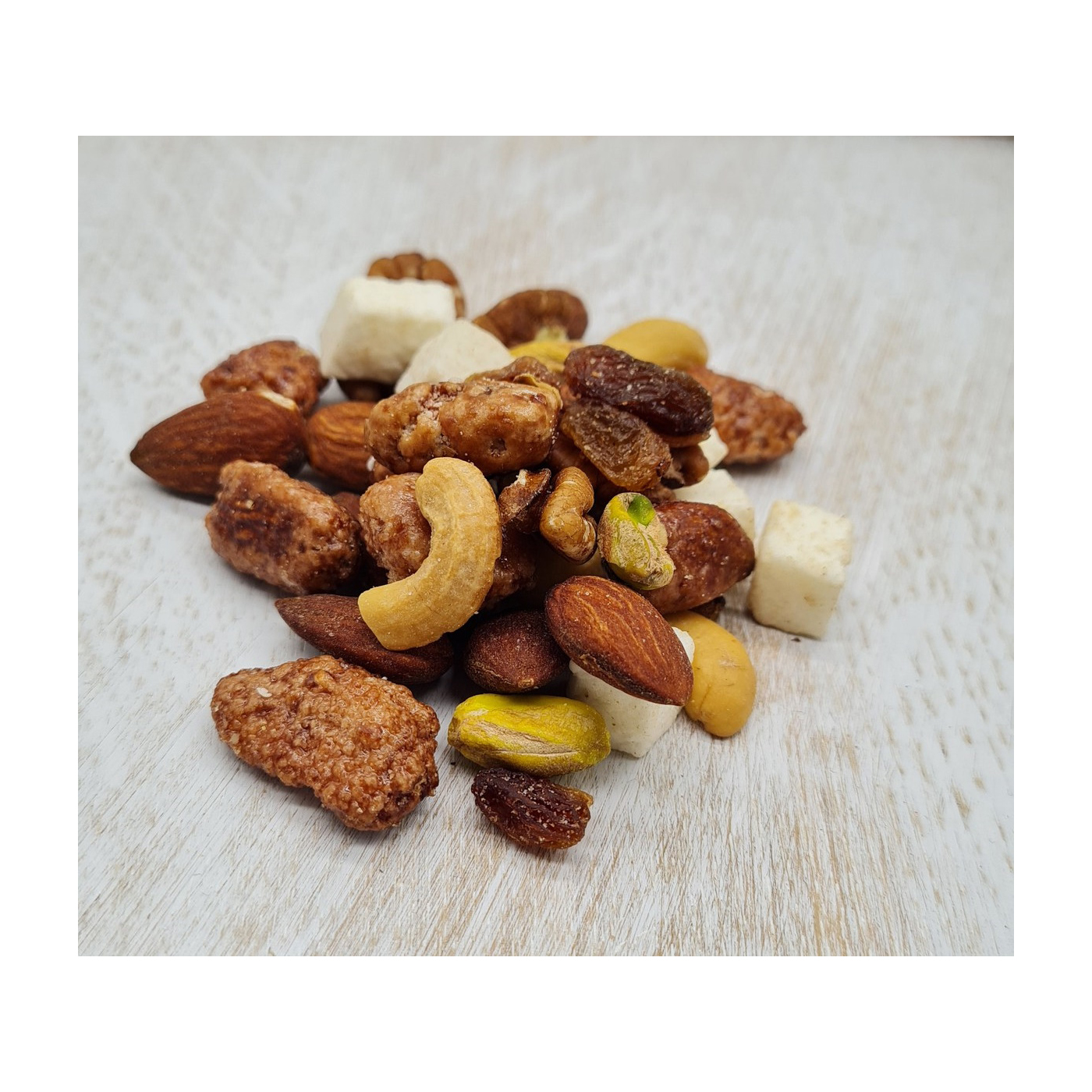Ponchimix Mandeln, Cashewkerne, Rosinen, Pekannüsse, Pistazien & Kokos-gewürzt 1kg im Beutel