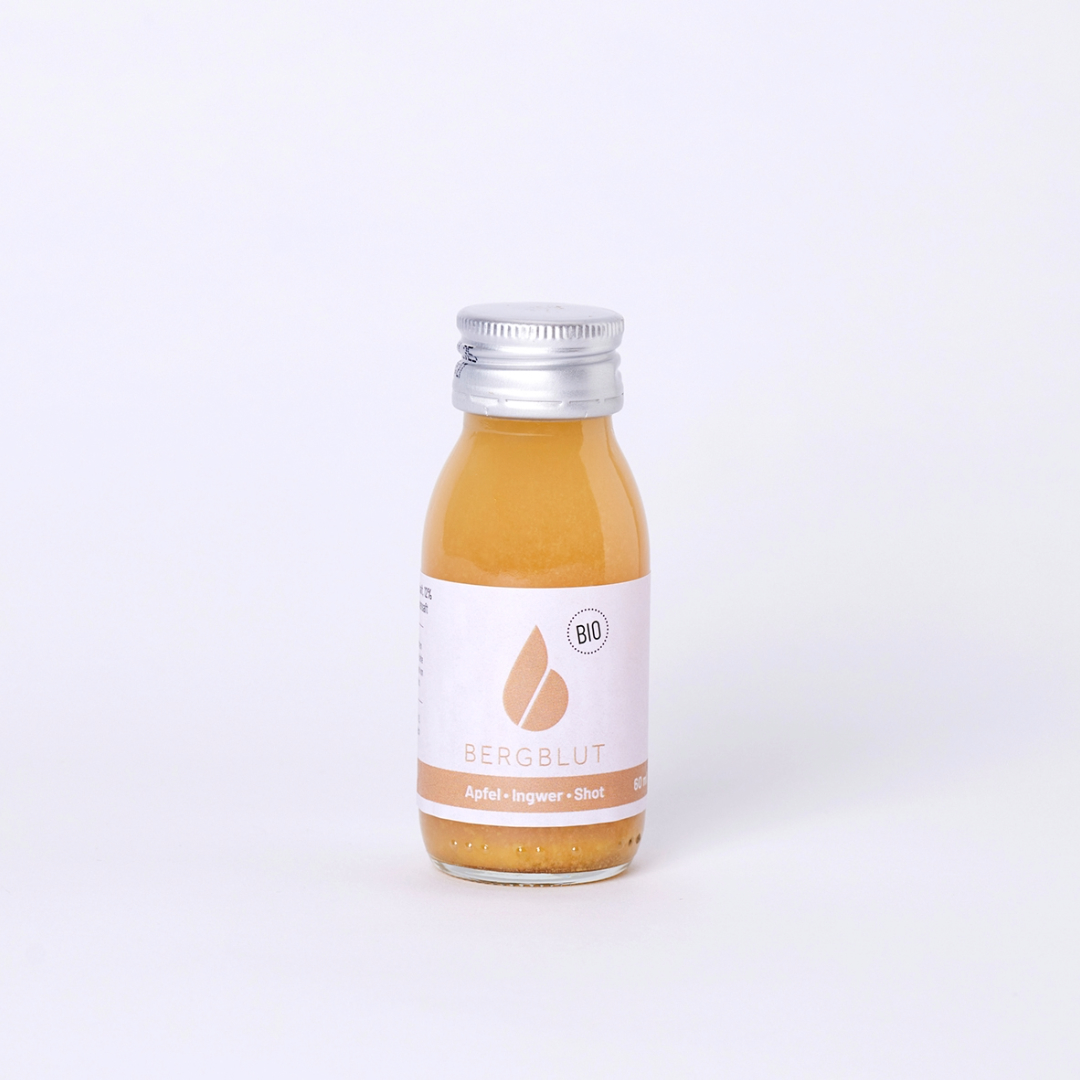 Shot Ingwer-Apfel 60ml mit Bio zertifizierten Säften Bergblut - 24 Stück im Karton