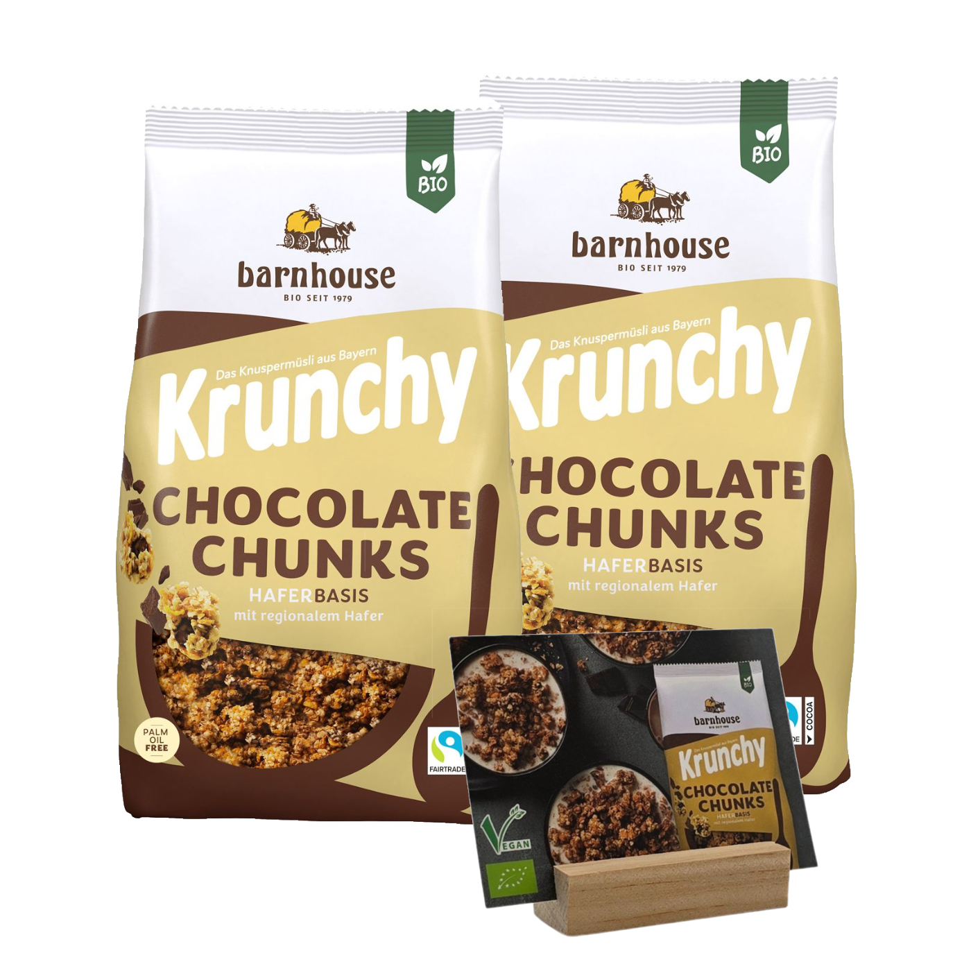 Bio Barnhouse Probier-Starter-Paket: Je 2 Btl. 1,25kg Barnhouse Krunchy Müsli Erdbeere, Low Sugar Very Berry, Apfel Zimt, Choko Chunks & Hafer; 4 Btl. 375g Barnhouse Cornflakes, 1 Barnhouse Holzaufsteller & Kostenlose Buffetschilder mit Holzfuss