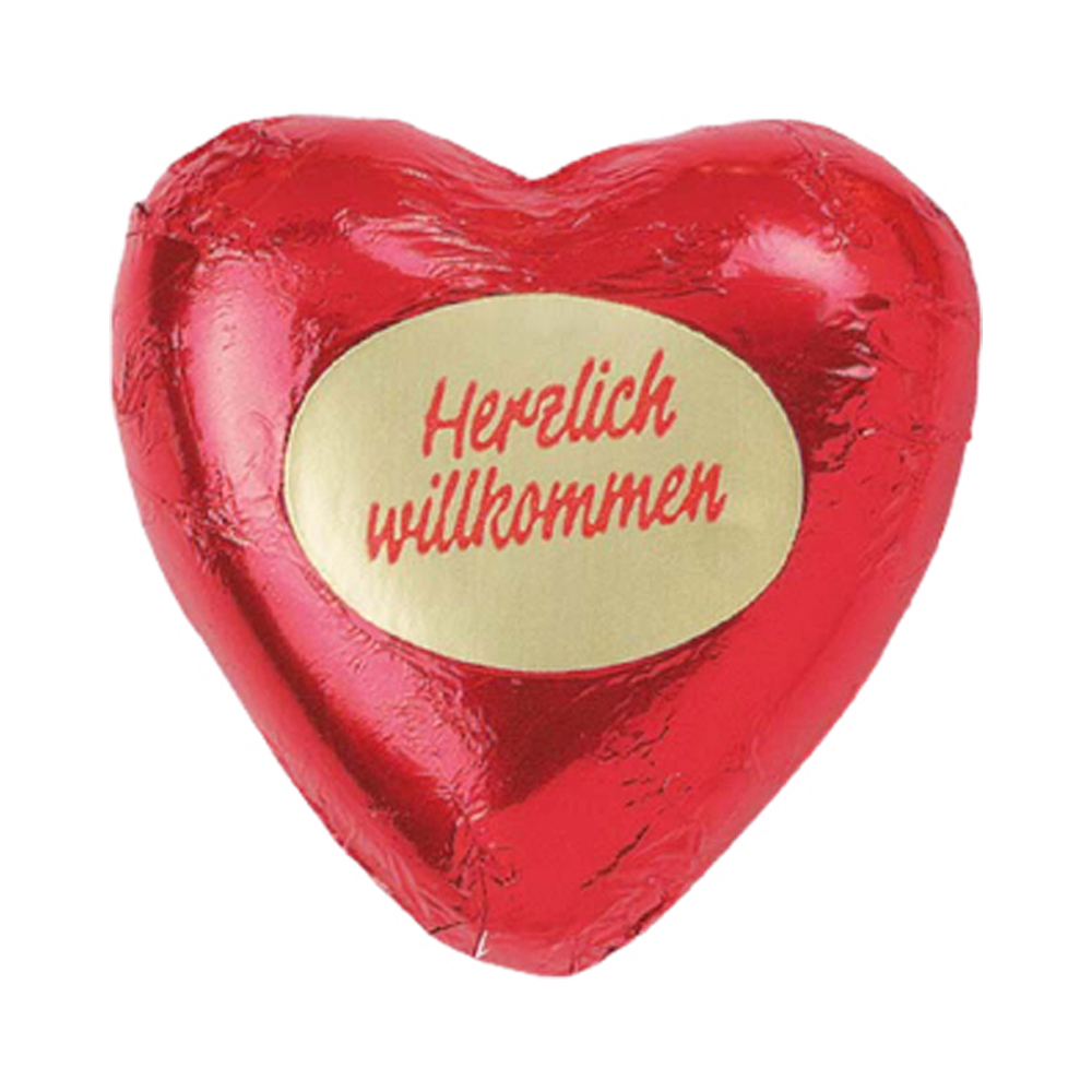 Schoko-Herz in Rotstanniol mit Aufdruck
*Herzlich Willkommen* -  Storz 50x9 g pro Dose