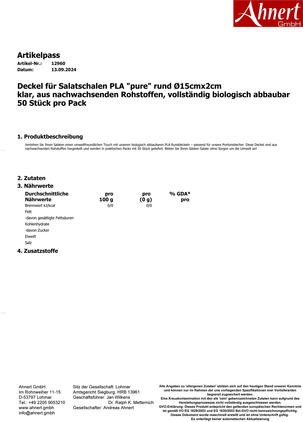 Deckel für Salatschalen PLA 'pure' rund Ø15cmx2cm
klar, aus nachwachsenden Rohstoffen, vollständig biologisch abbaubar
50 Stück pro Pack