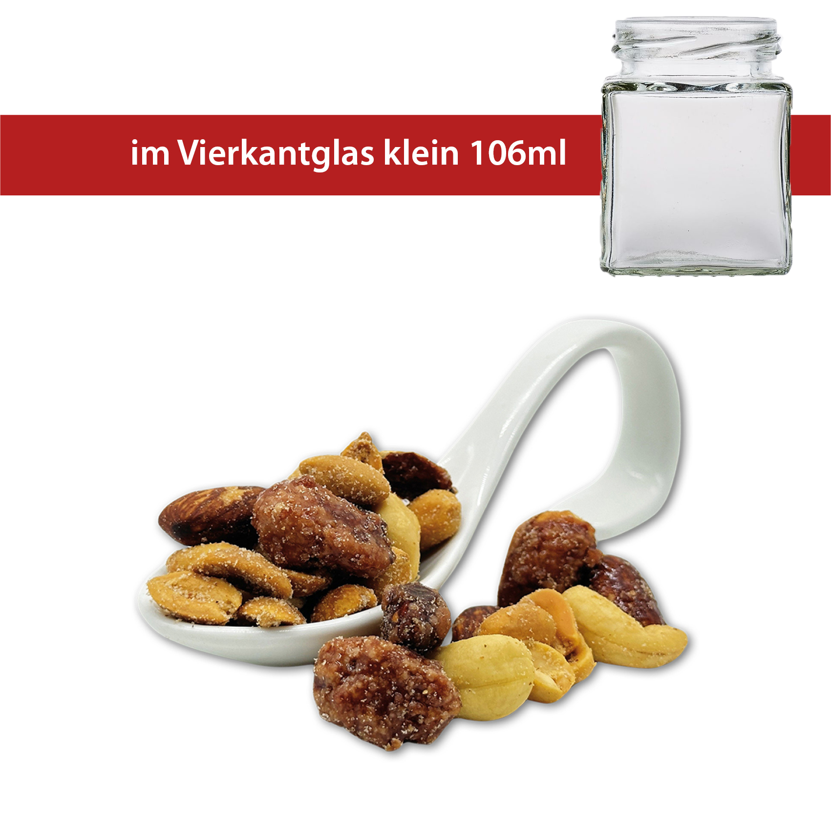 Salty, Sweet & Smoke Mix 50g
Vierkantglas klein
30 Stück pro Karton
Erdnüsse gesalzen, Cashewkerne gesalzen, gebrannte Mandeln und Rauchmandeln