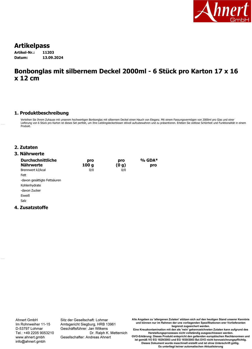 Bonbonglas mit silbernem Deckel 2000ml - 6 Stück pro Karton 17 x 16 x 12 cm