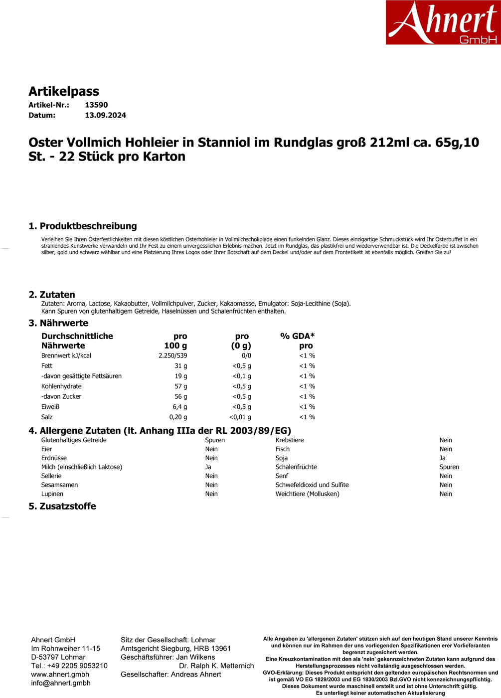 Oster Vollmilch Hohleier in Stanniol im Rundglas groß 212ml ca. 65g,10 St. - 22 Stück pro Karton