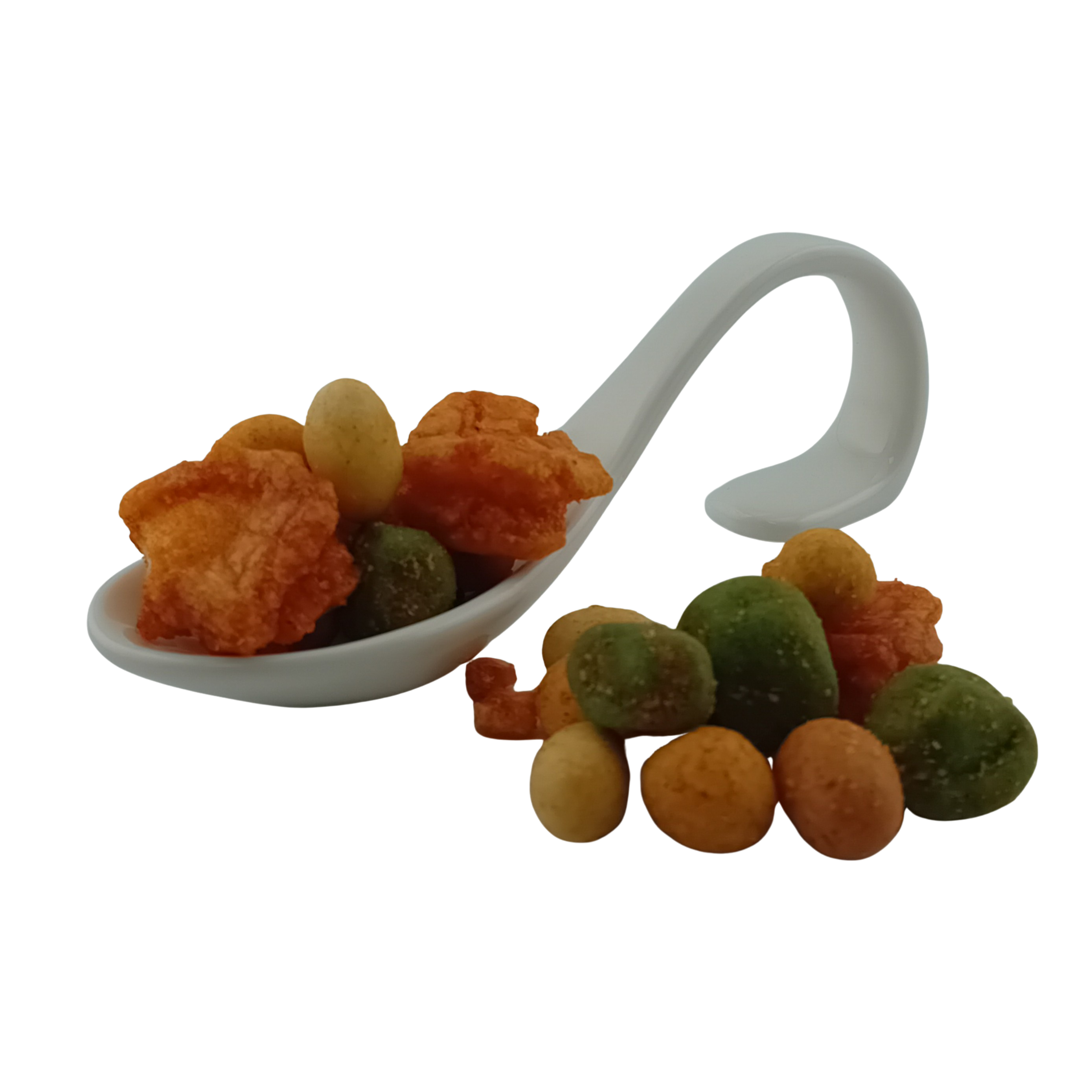 Snackmix mit Hot Fried Chili Reiscrackern, grünen Wasabinüssen und Nik Naks Cocktail im 60 g Blockbodenbeutel 55x35x180 mm 
25 Stück pro Karton