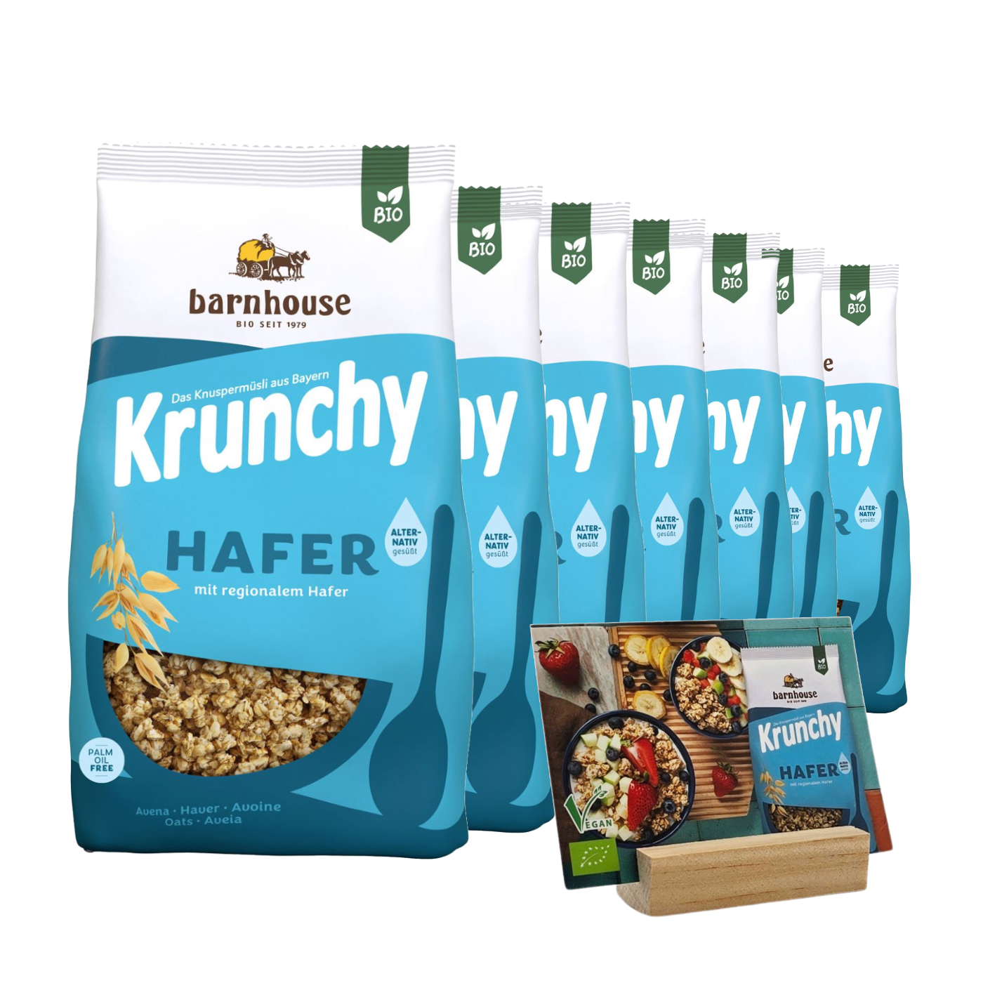 Bio Barnhouse Bestseller-Starter-Paket: Je 7 Btl. 1,25kg Barnhouse Krunchy Müsli Erdbeere, Schoko & Hafer, 1 Stk. Barnhouse Holzaufsteller, kostenlose Buffetschilder mit Holzfuss und 3 Müsli Barnhose Buffet-Gläser